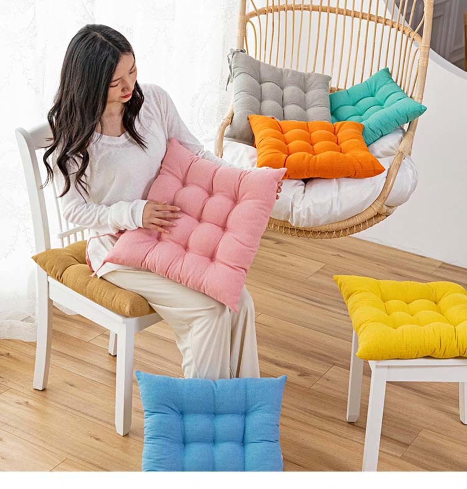 Lot De 6 Coussins D’assise 40x40 Cm – Aspect Lin, Liens De Fixation – Housse Amovible Lavable – Intérieur & Extérieur – Menthe