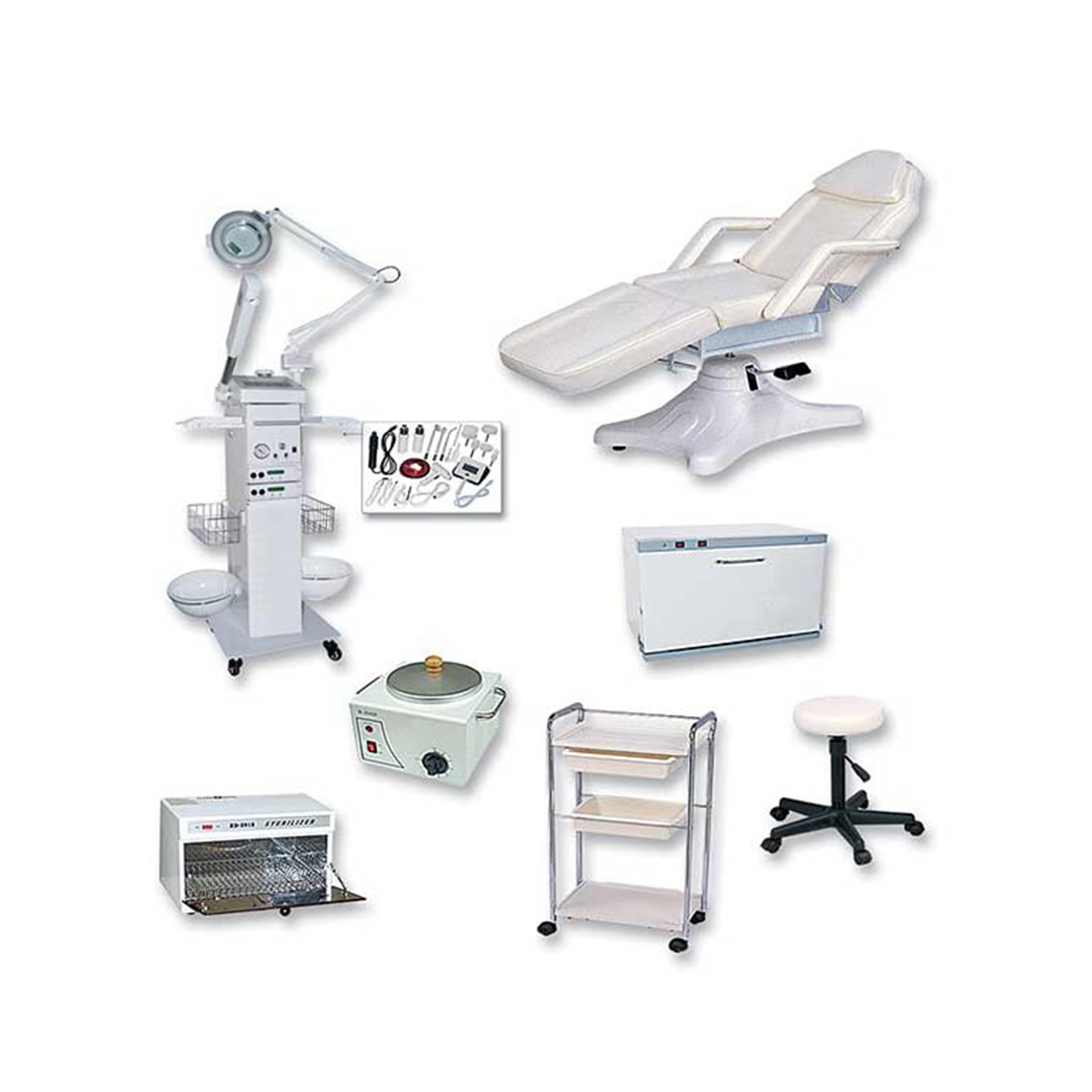 Discount Spa Equipment - Pack-5, Facial Spa Equipment Package, Facial Spa Kit, 9-Function Facial Machine, Towel Warmer, Massage Bed, Hydra Stool, UV, Single Waxer, & Trolley