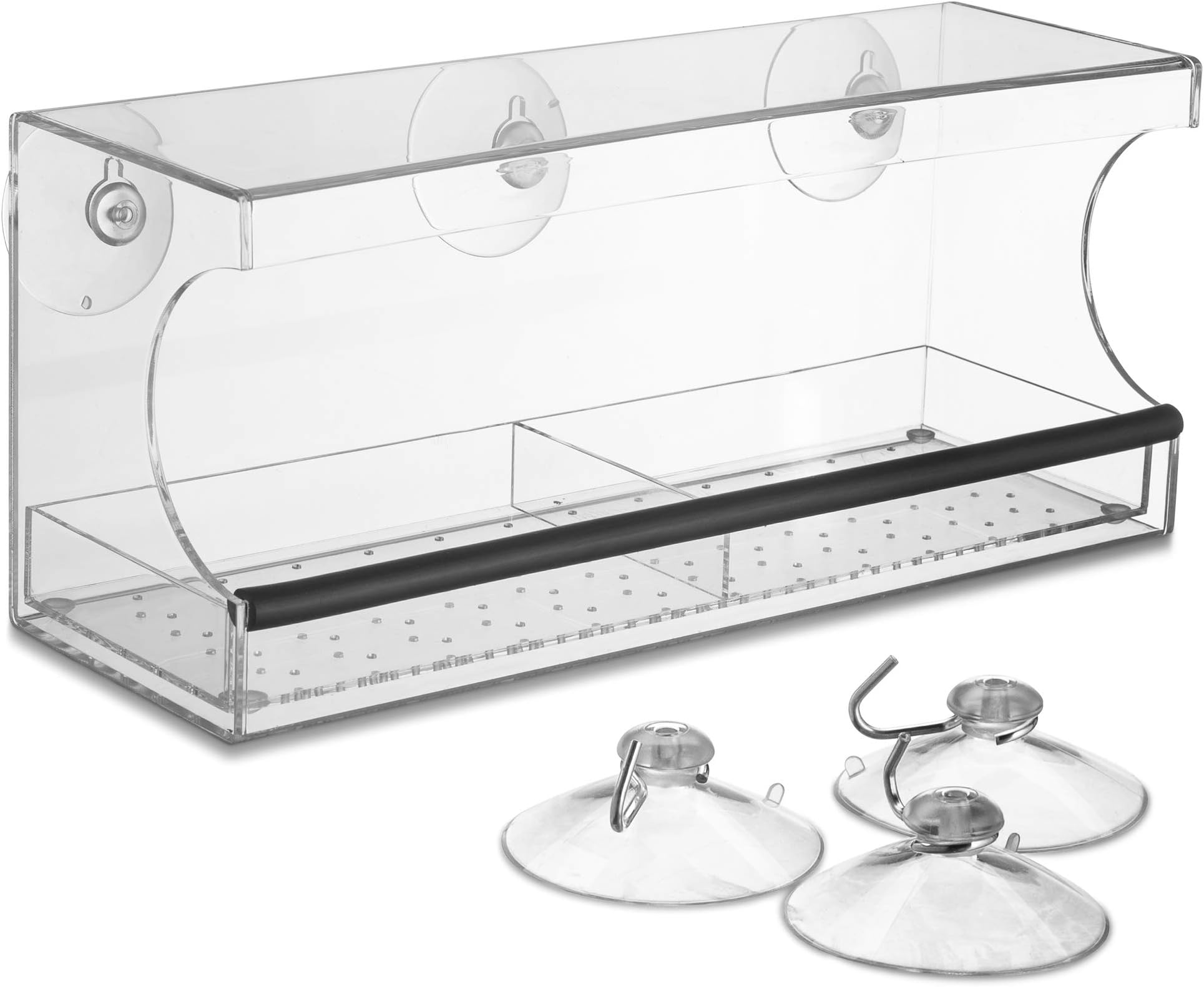 Window Bird Feeder, Bird House with Extra Strong Suction Cups, Removable Seed Tray with Drainage Holes to Keep Seeds Dry, Acrylic Clear Design (12 Inches Wide (Rectangle Shape))