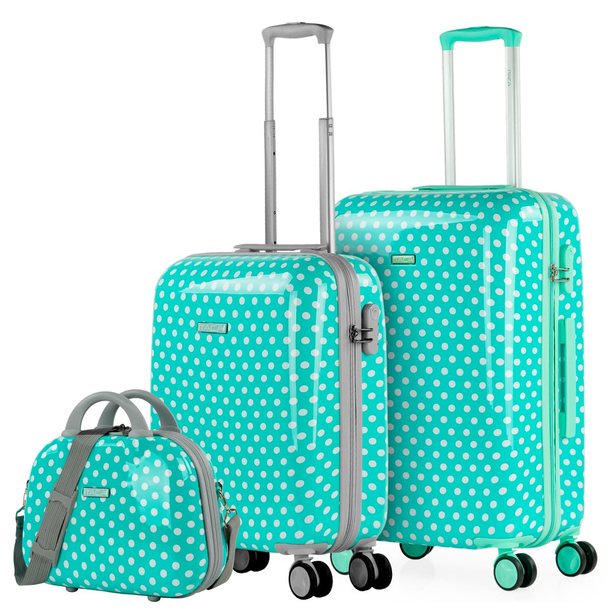 ITACA - Zestaw 2 sztywnych walizek podróżnych i etui kosmetycznego. 4 Wózki na koła 55/65 cm. Poliwęglan z nadrukiem. Lekki, mały i średni. 702400B, Mole miętowe