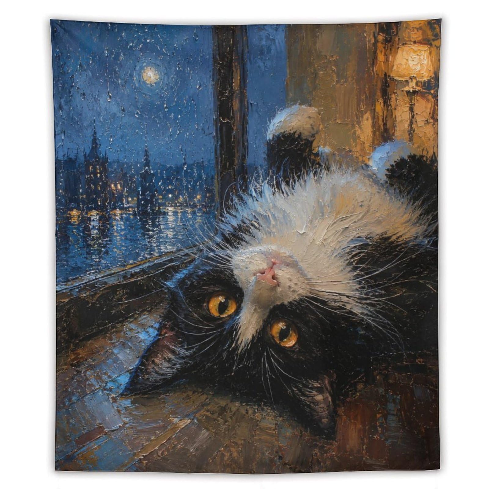W7C8U2X3 Tuxedo Cat Night Window Wall Tapestry, Realistic Illustration