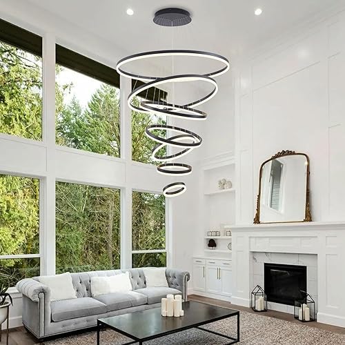Miniatura 8 de Candelabro de 7 anillos, lámpara LED negra de 39.37 pulgadas, 7 anillos, lámpara moderna de techo alto más grande para vestíbulo, lámpara LED