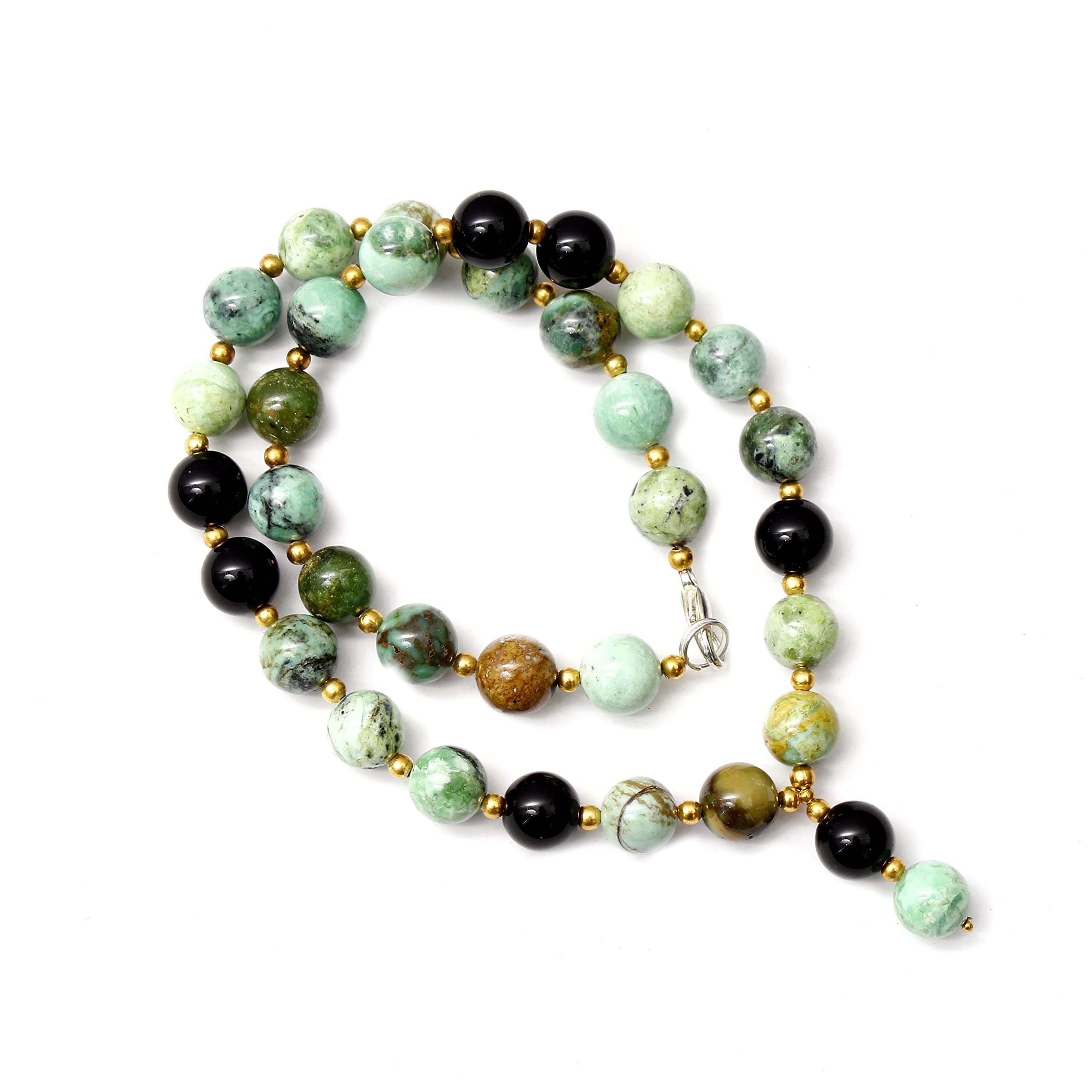 A&M Natural Black Onyx And Variscite Gemstone Beaded Necklace, Onyx Handmade Beads Necklace, Variscite Handmade Beads Necklace Jewelry, Sterling Silver Necklace, Jewelry Gift For Grandparents