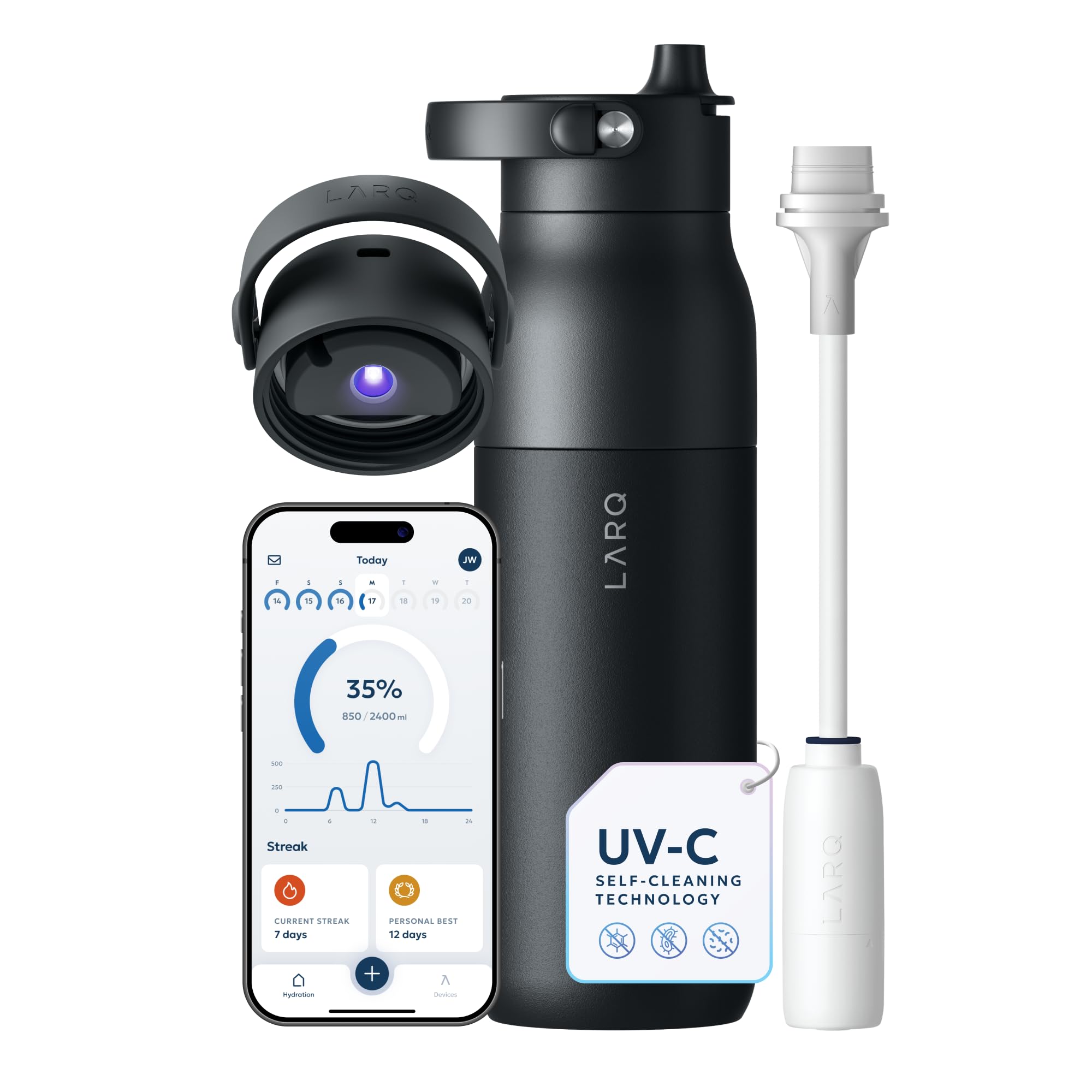 PureVis 2 1 Liter - Self-Cleaning Water Bottle + App Hydration Tracking | Insulated Stainless Steel | Reusable & Travel Friendly | 2-Year Warranty