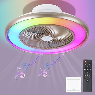 22"Bladeless Low Profile Ceiling fans With Lights and Remote, Modern Flush Mount Enclosed 7-Color RGB Ceiling Fan With Smart APP Control Music Speaker For Bedroom Living Room Party