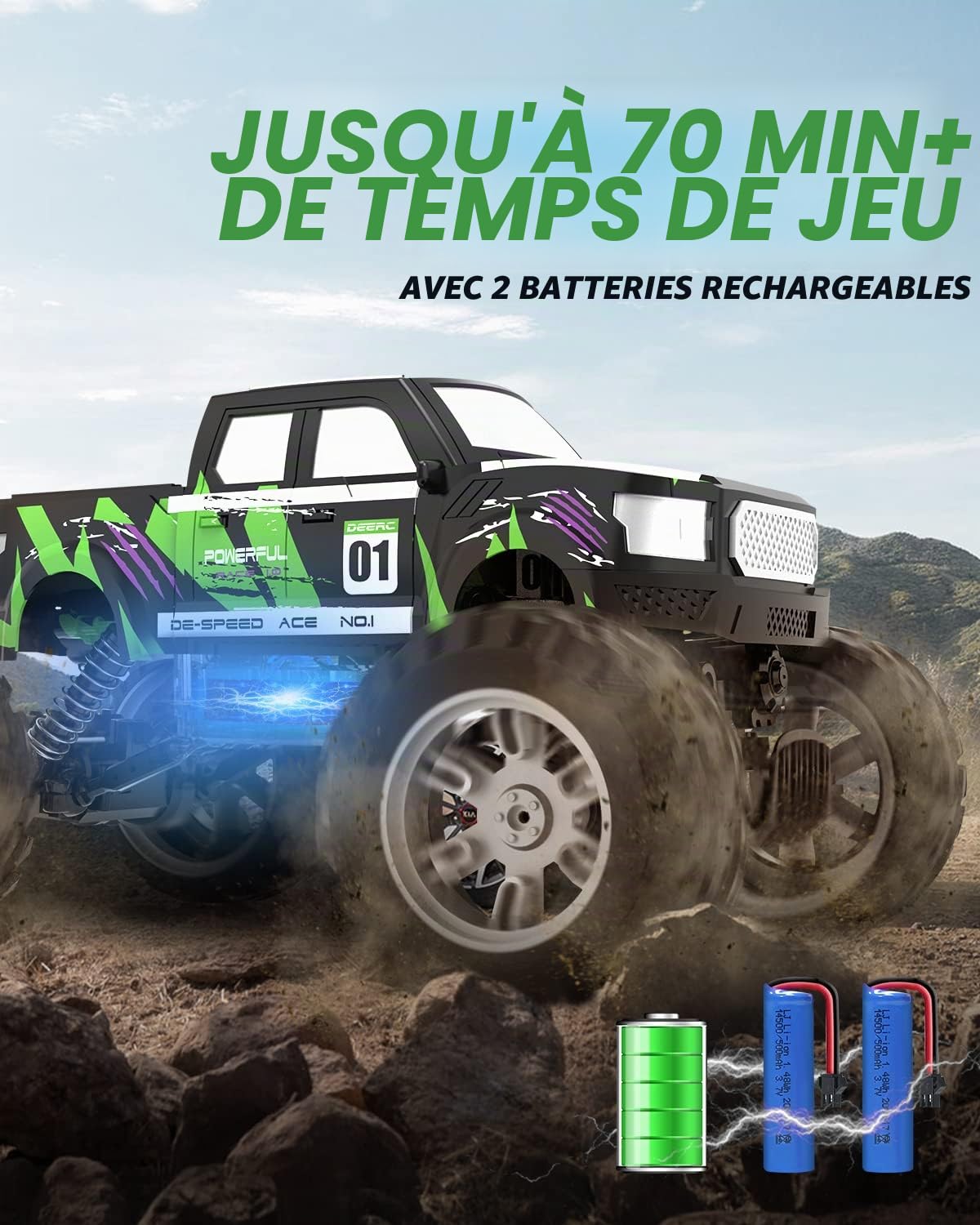 DEERC DE44 Voiture télécommandée 1:16 avec pulvérisation de brouillard, voiture RC tout-terrain à deux moteurs 4 roues motrices avec lumières LED, Rock Crawler 70+ Min, à partir de 8 ans