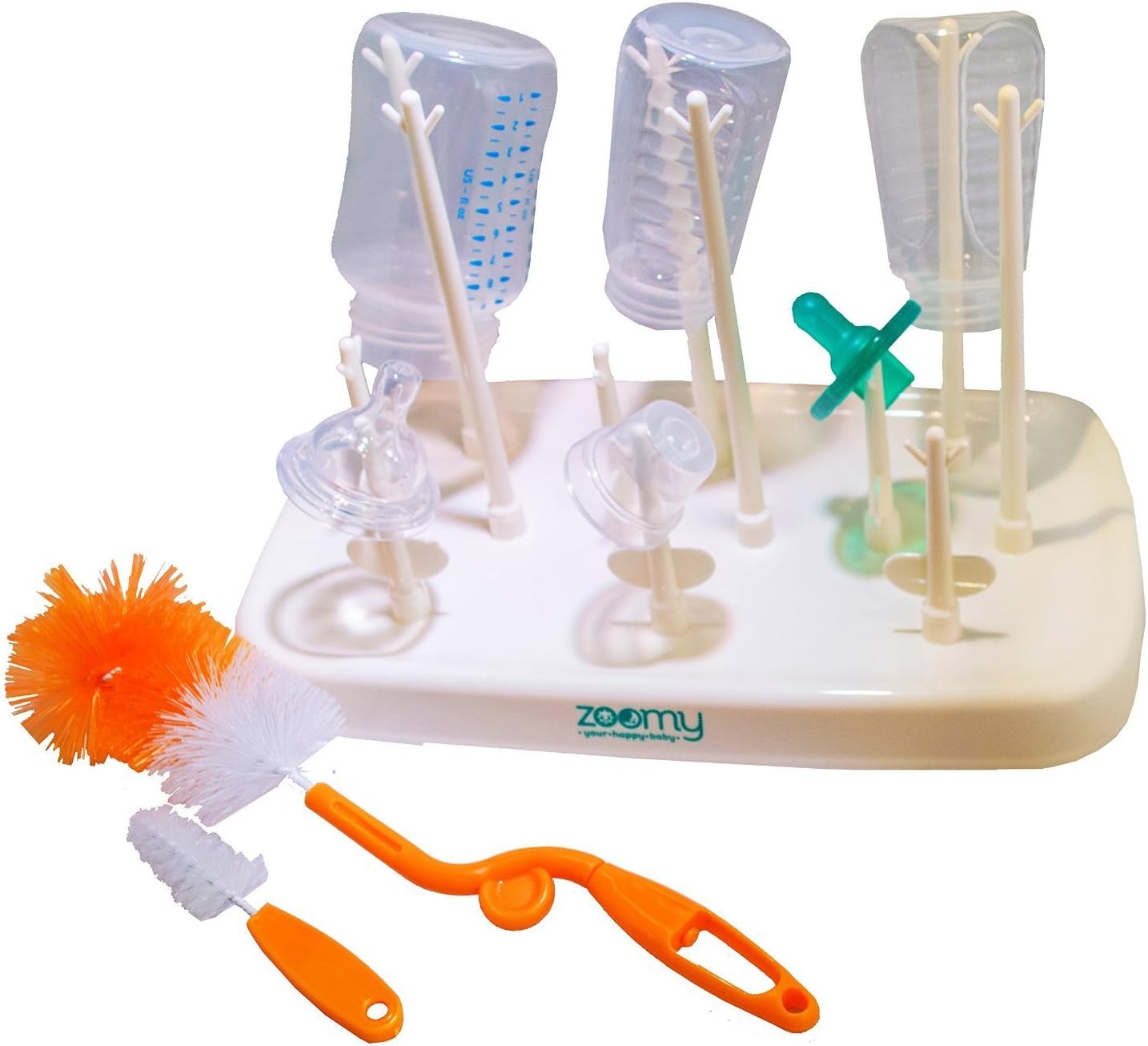 Baby Bottle Drying Rack Kit by Zoomy Baby — Lightweight, Compact Bottle Storage — Dries Baby Accessories (Baby Pacifiers, Breast Pumps, Baby Toys, & More) — Bonus: Nipple Brush and Bottle Brush
