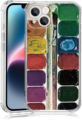 Watercolor Paintbox with Brush Phone Case Fit for iPhone 15 14 13 12 11 Plus Pro Max Mini Xr, Wireless Charging Clear Cute Colorful Funny Retro Phone Cover Gift for Boy Girl Men Women