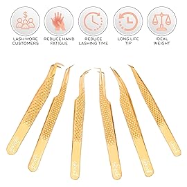 SIVOTE Eyelash Extension Tweezers Fiber Tips Japanese Steel, Set of 6, Curved, Dolphin, 90 Degree 45 Degree, Volume Boot & Slight Curved Tweezer, Gold