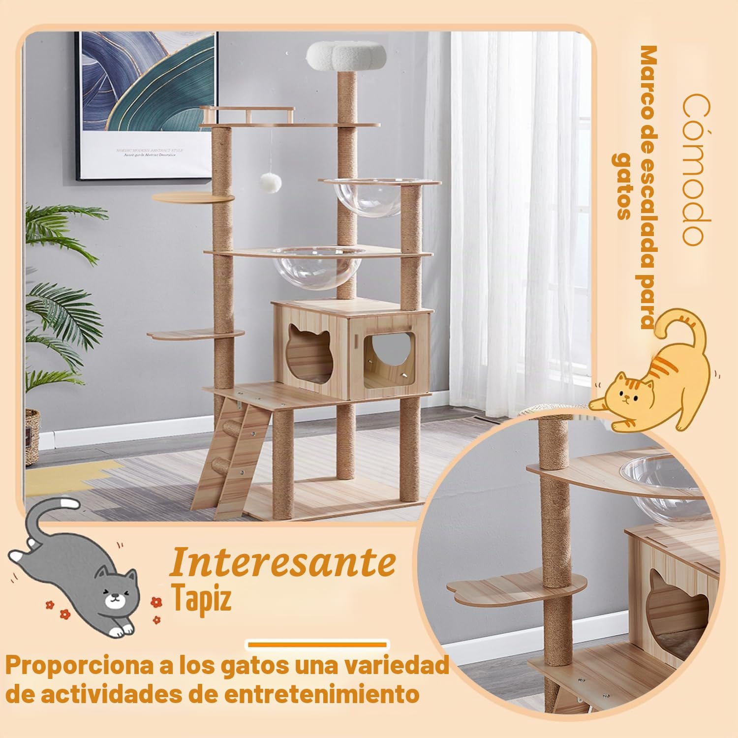 Árbol para Gatos de 170 cm para Adultos Grandes en Interiores, Torre de árbol para Gatos con condominio, escaleras, 2 Cuencos, 14 Postes rascadores de sisal, Percha Superior, con Cama de