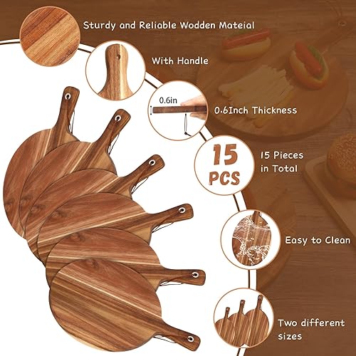 Miniatura 3 de Uiifan Paquete de 15 tablas de cortar de madera de acacia con mango grueso y redondo, tablas de cortar de acacia de 3 tamaños para servir queso,