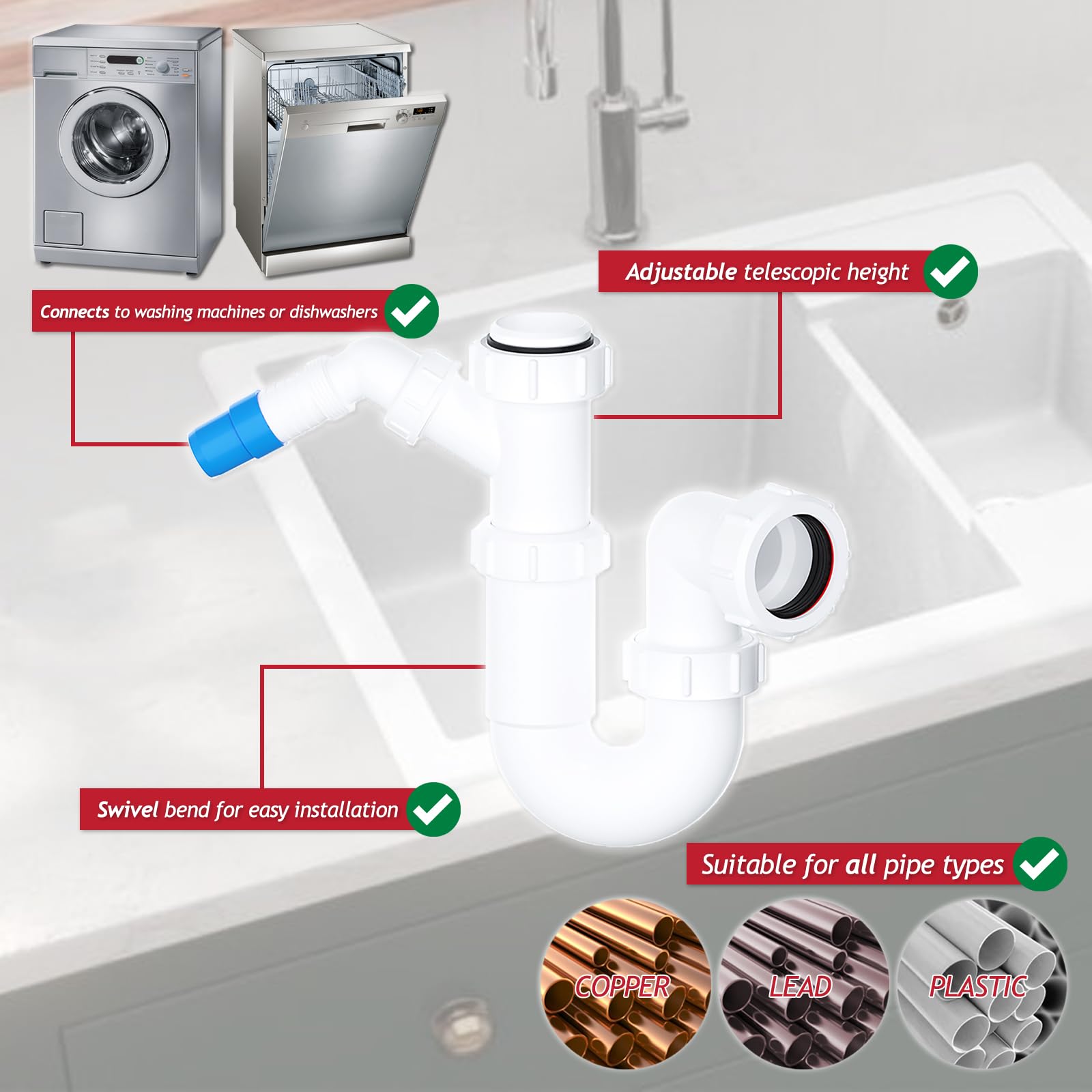 SPARES2GO 40mm Telescopic Sink Trap Kitchen Washing Machine Dishwasher 75mm Seal Water Discharge Kit, White - Image 4