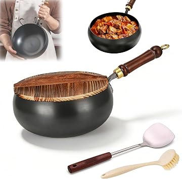 Uncoated Thick Iron Pot, 9.45 Inch Uncoated Iron Pan, Non-Stick Wok with Lid, Durable & Rust-Free, Perfect for Gas, Electric & Induction Cooking 11.02in,Hammer-Wood Cover