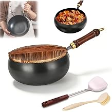 Uncoated Thick Iron Pot, 9.45 Inch Uncoated Iron Pan, Non-Stick Wok with Lid, Durable & Rust-Free, Perfect for Gas, Electric & Induction Cooking 11.02in,Hammer-Wood Cover
