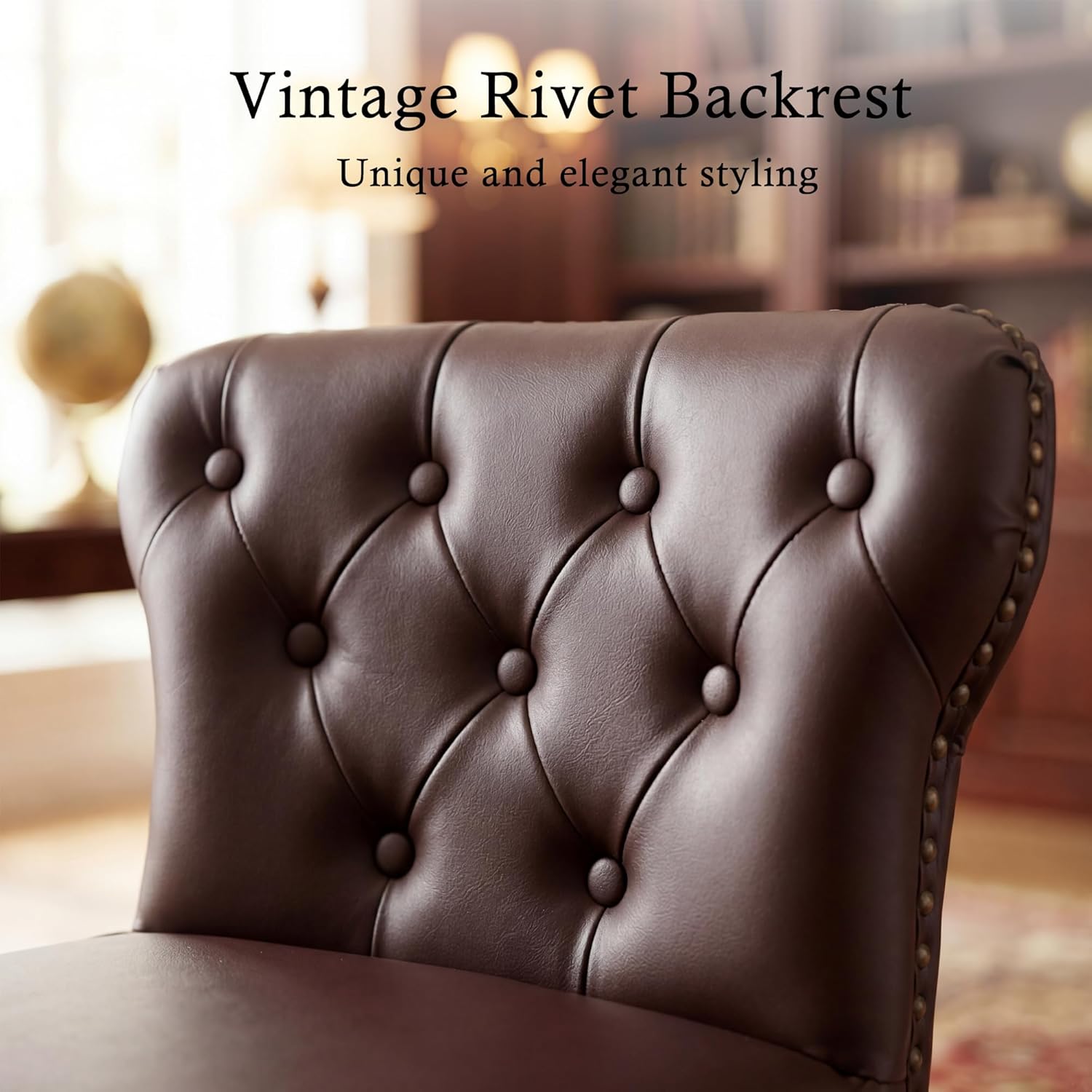 Counter Height Bar Stools Set of 2, 26" Mid-Century Swivel Bar Stool with Metal Base for Kitchen Island, Rivet Armless Faux PU Leather Barstool with High Back and Large Thick Cushion, Coffee