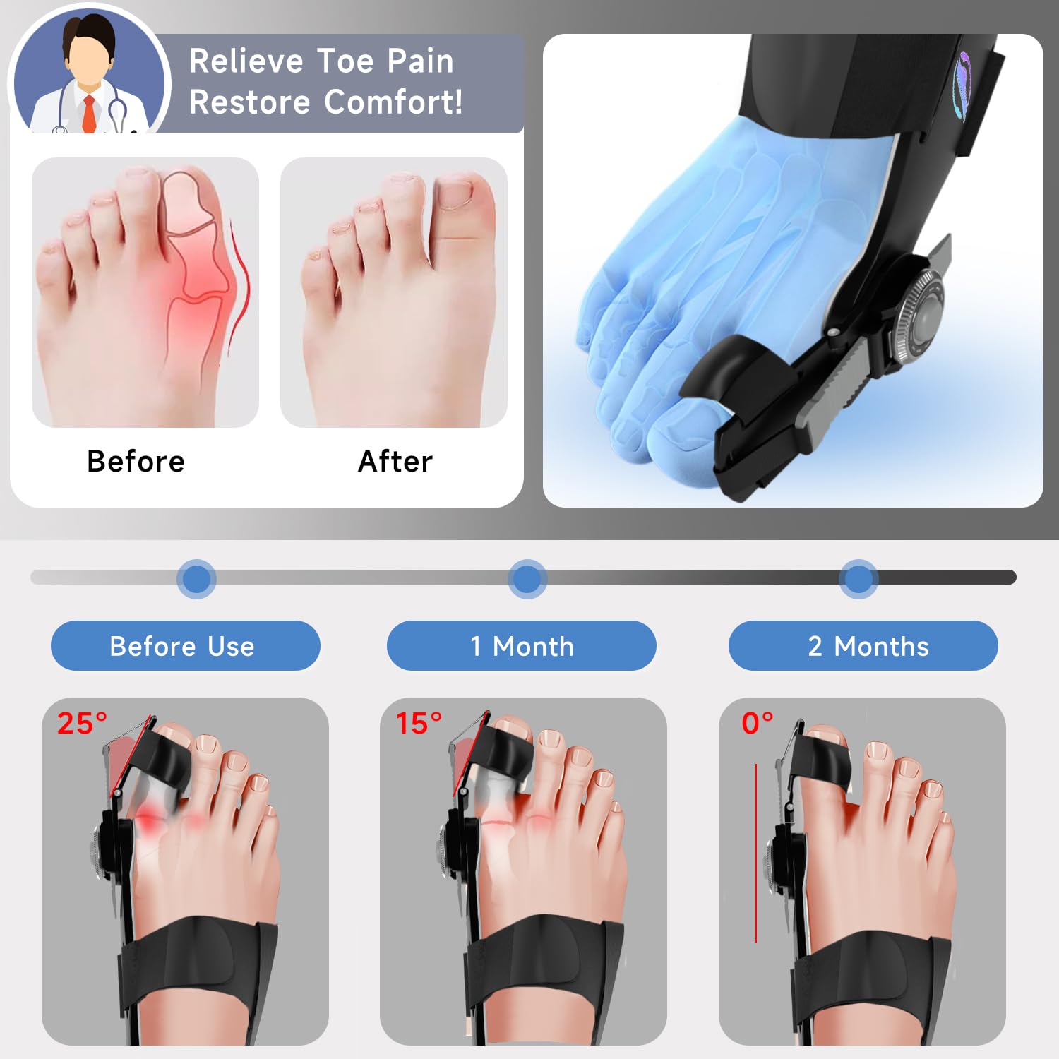 HUQKIYA Bunion Corrector for Women & Men, Orthopedic Bunion Splint for Women Big Toe with Toe Separator Adjustable Toe Straightener Suitable for Left/Right Feet Hallux Valgus Bunion Relief (Black 2Pcs)