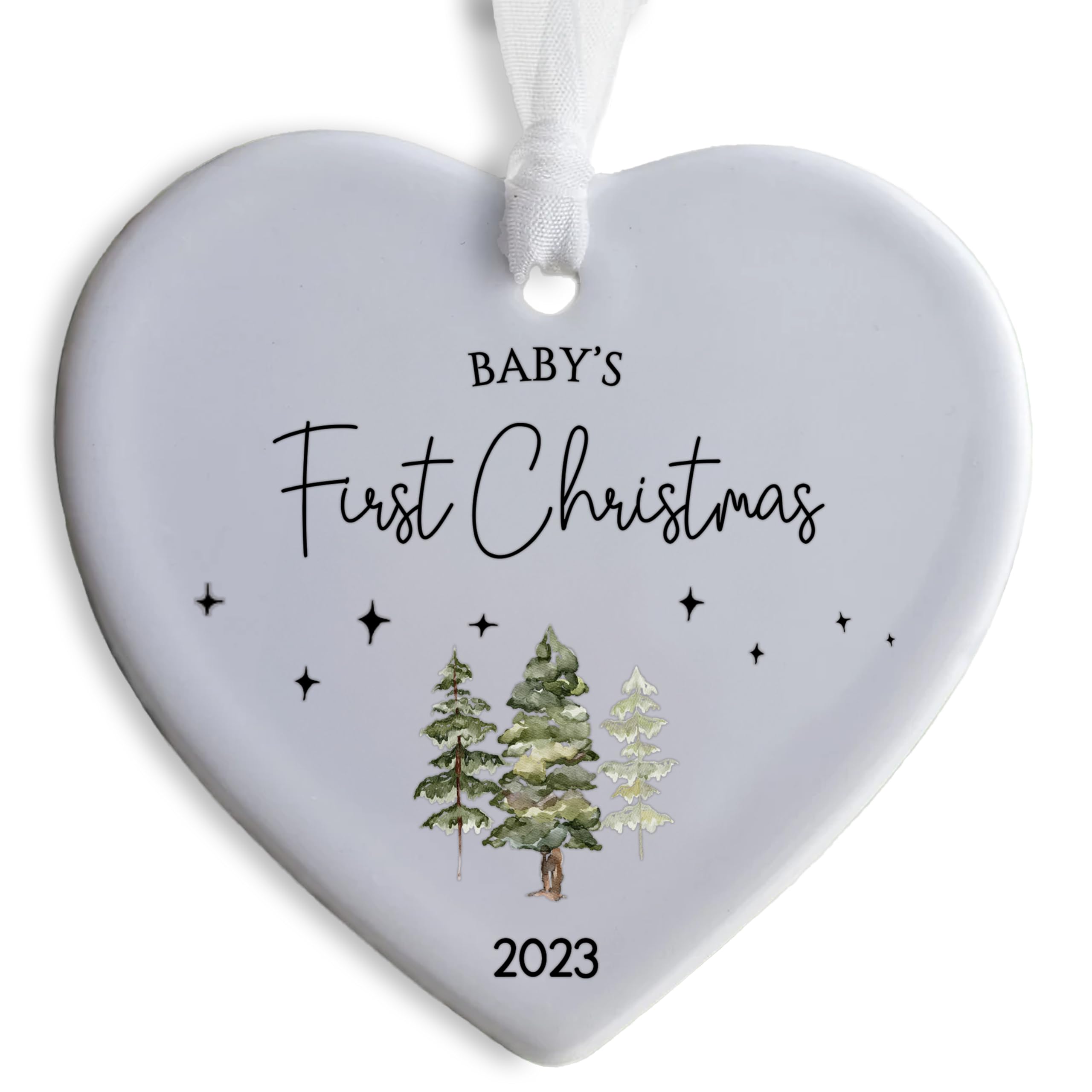 2023 Baby's First Christmas Ornament, Keepsake Ornament for Newborn Baby, Heart Shape Ceramic Ornament, for Parents (Trees & Stars)
