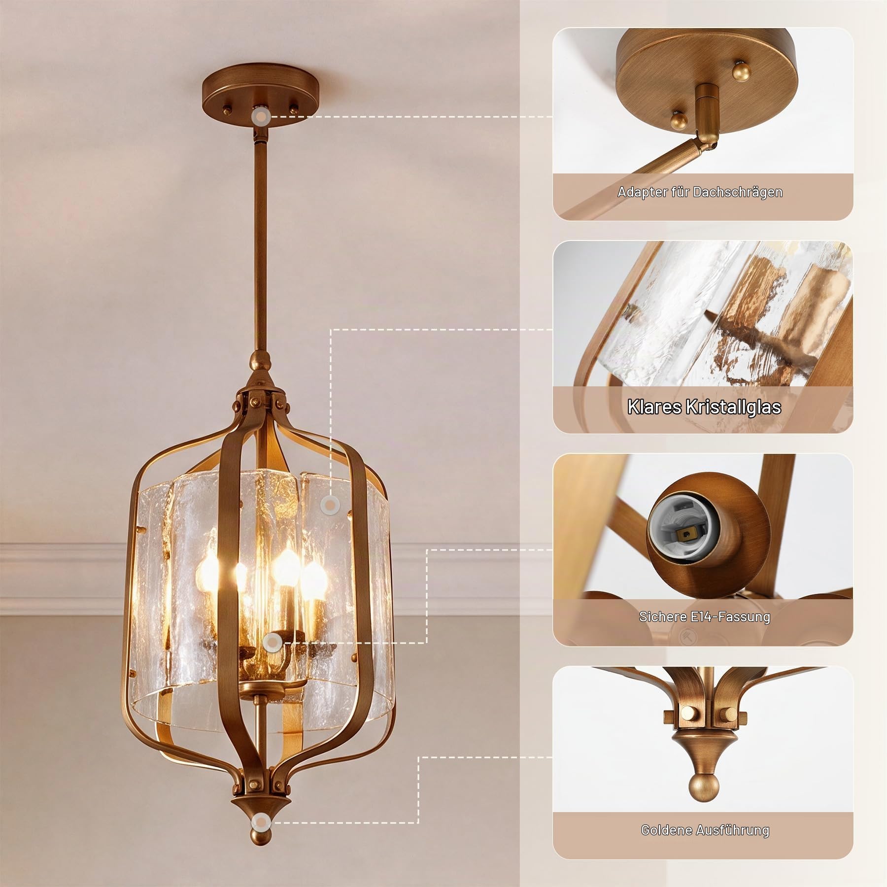 Tribesigns Pendelleuchte Esstisch, Vintage Gold Hängelampe Ø27cm, Höhenverstellbar Hängeleuchte, Esstischlampe für Café Wohnzimmer Küche Schlafzimmer Flur Kücheninsel