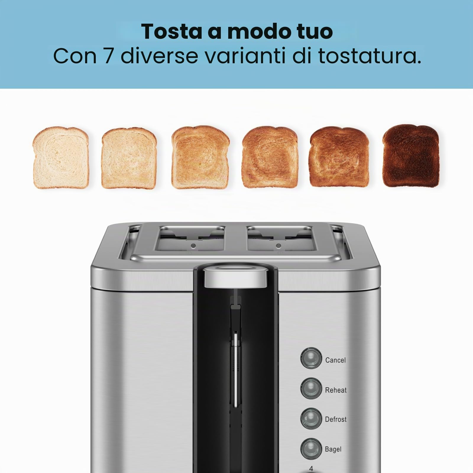 Chefman Tostapane 2 Fette, 7 Impostazioni di Tostatura, Toastiera Pane Spesso e Tostiera Bagel, Riscaldamento, Scongelamento, Annulla, Leva di Sollevamento, Vassoio Raccoglibriciole Estraibile