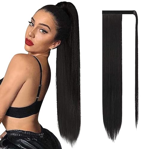 Sofeiyan Extensión de cola de caballo larga y recta de 30 pulgadas, extensiones de cabello sintético con clip para mujer, color negro azabache