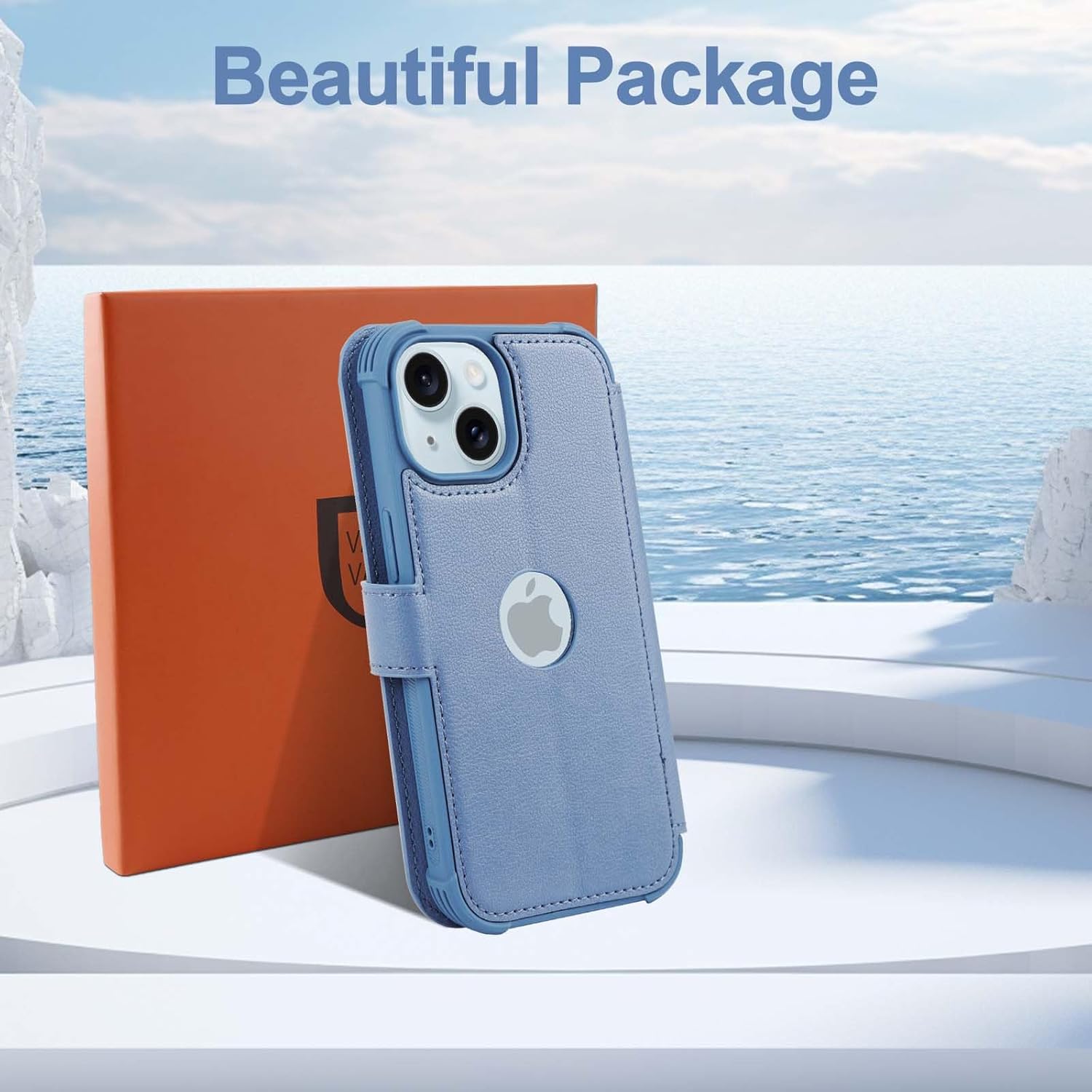 VANAVAGY Compatible for iPhone 15 Wallet Case, PU Leather Flip Folio Cover with Wrist Strap RFID Blocking Card Holder for Wireless Charging,[Screen Protector & Camera Cover],Blue - Image 6