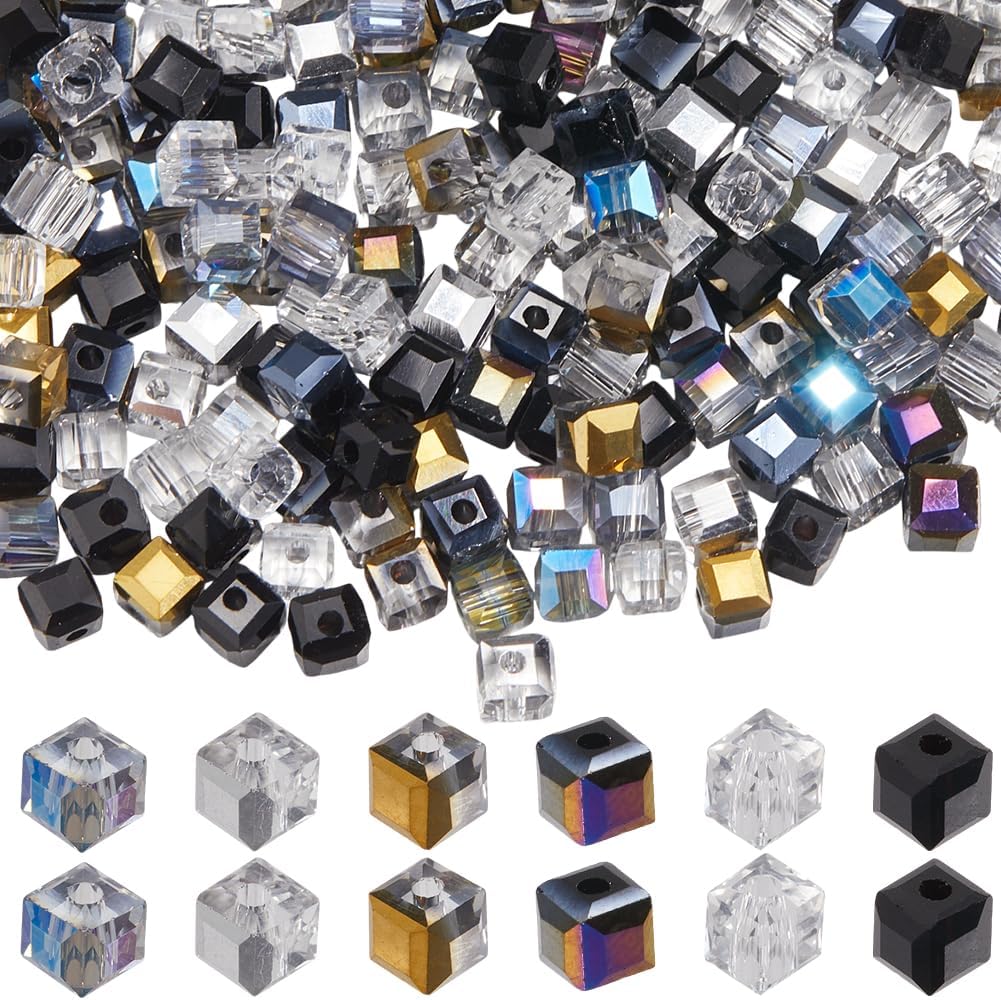 SUNNYCLUE 1 Box 300pcs 6 Colors 4mm Faceted Cube Beads Glass Cube Crystal Beads Black Transparent Electroplating Color Loose Square Spacers for Jewelry Making Supplies DIY Craft Necklace Bracelet
