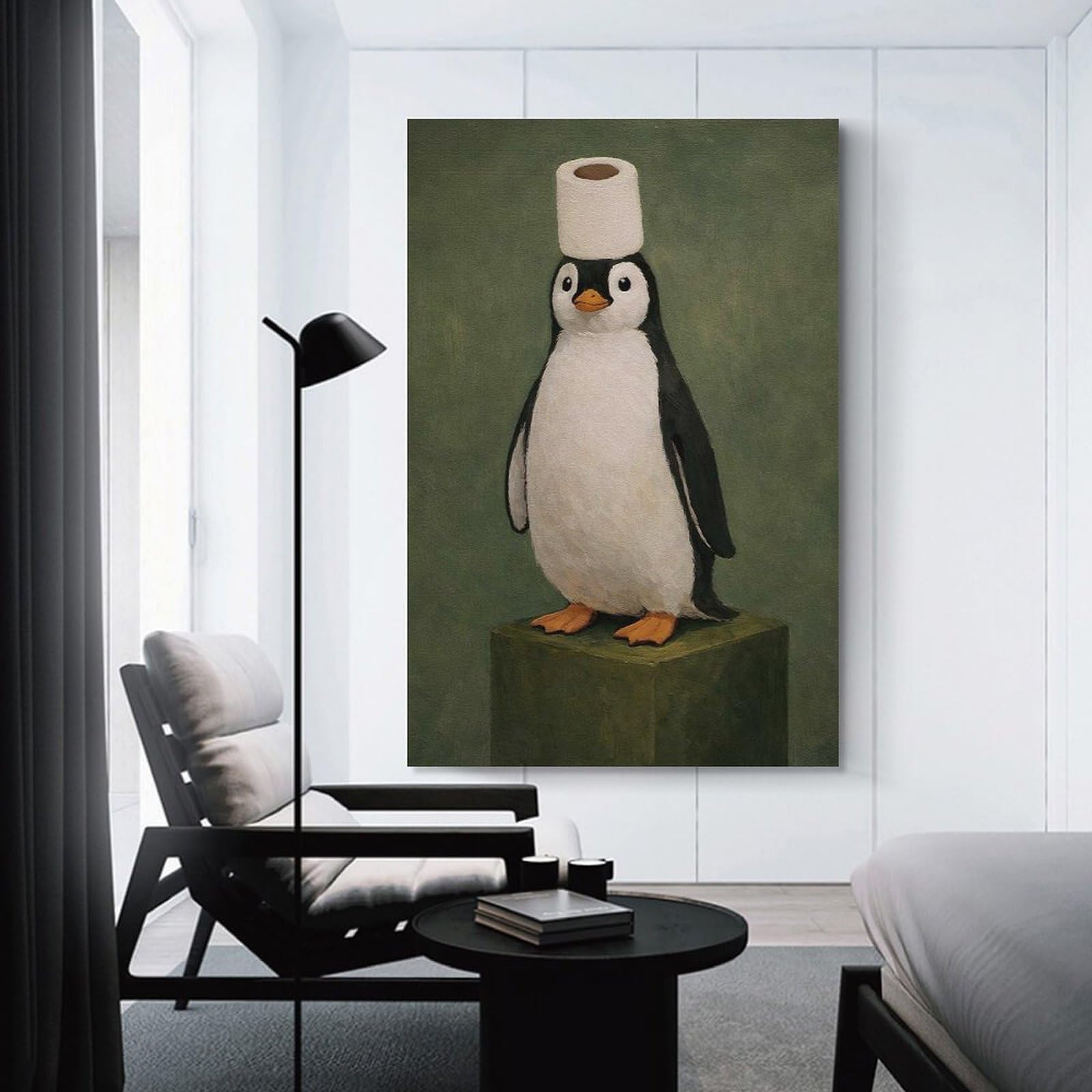 Junmoney Unframe-Style-12 Canvas Wall Decor Penguin With Toilet Paper Hat, 24X36inch(60X90cm), For Flats, Guest Rooms Or Compact Rooms, Wall Decor With Flexible Room Appeal