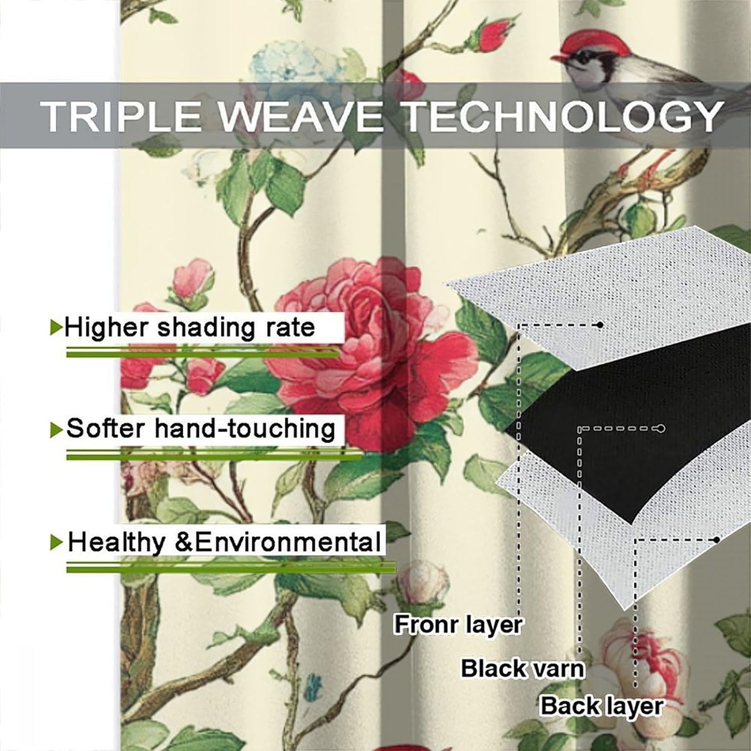 Beautiful Flower Bird Blackout Curtains for Bedroom Living Room, Rod Pocket Watercolor Plant Curtains Thermal Insulated Window Drapes 2 Panels, Each 21W x 45L