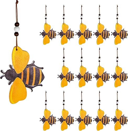 Anxingo 15 piezas de adornos de abejorro de madera, linda abeja de miel, decoración colgante de abeja de madera, decoración de arte para el día de