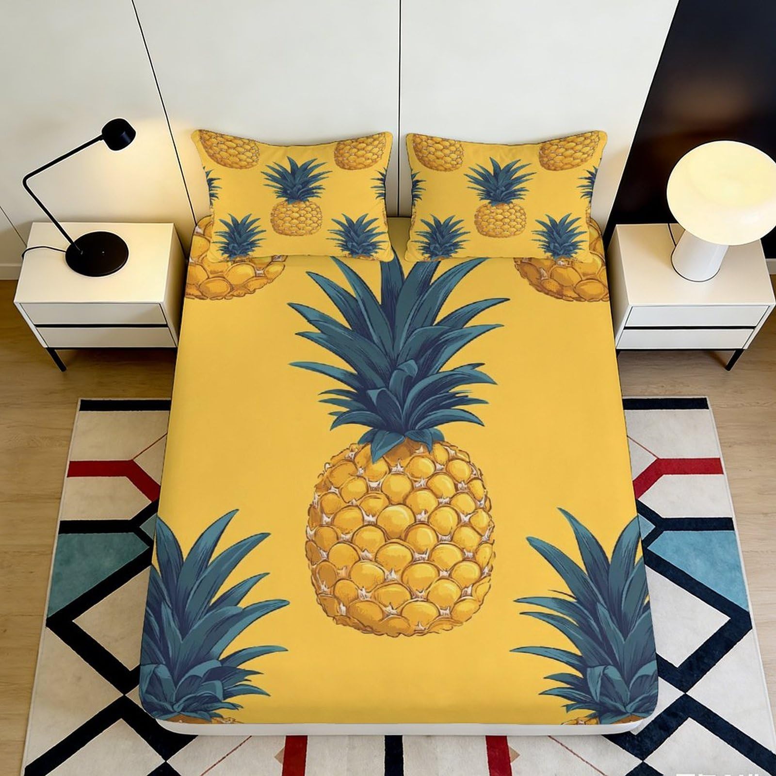 3D Printed Pineapple Yellow Fitted Sheet Microfiber Soft Breathable Tropical Fruit Mattress Cover for Bedroom Guest Room Decor 90x200x25cm
