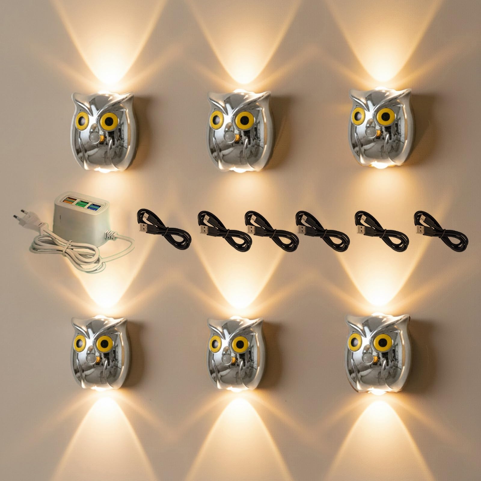 6 Pacchetti Gufo Parete Luce Con Sensore Sensibile Al Movimento E Alla Luce USB Ricaricabile Installazione Di Adsorbimento Magnetico Per Corridoio Camera Da Letto Scale(Silver)