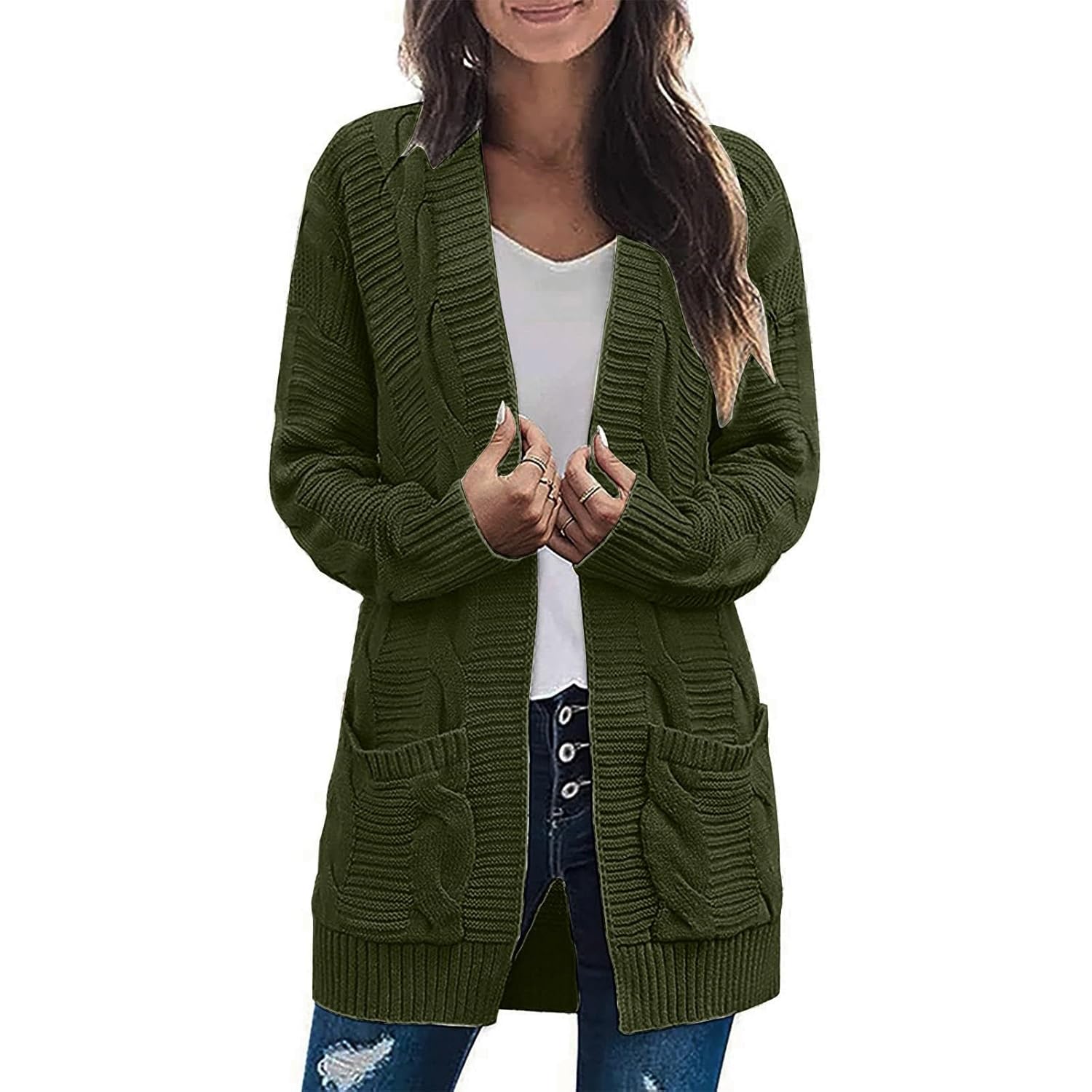 Chunky Cardigan Sweaters for Women Oversized Coastal Grandma Sweater Cable Knit Open Front Long Cardigans with Pocket