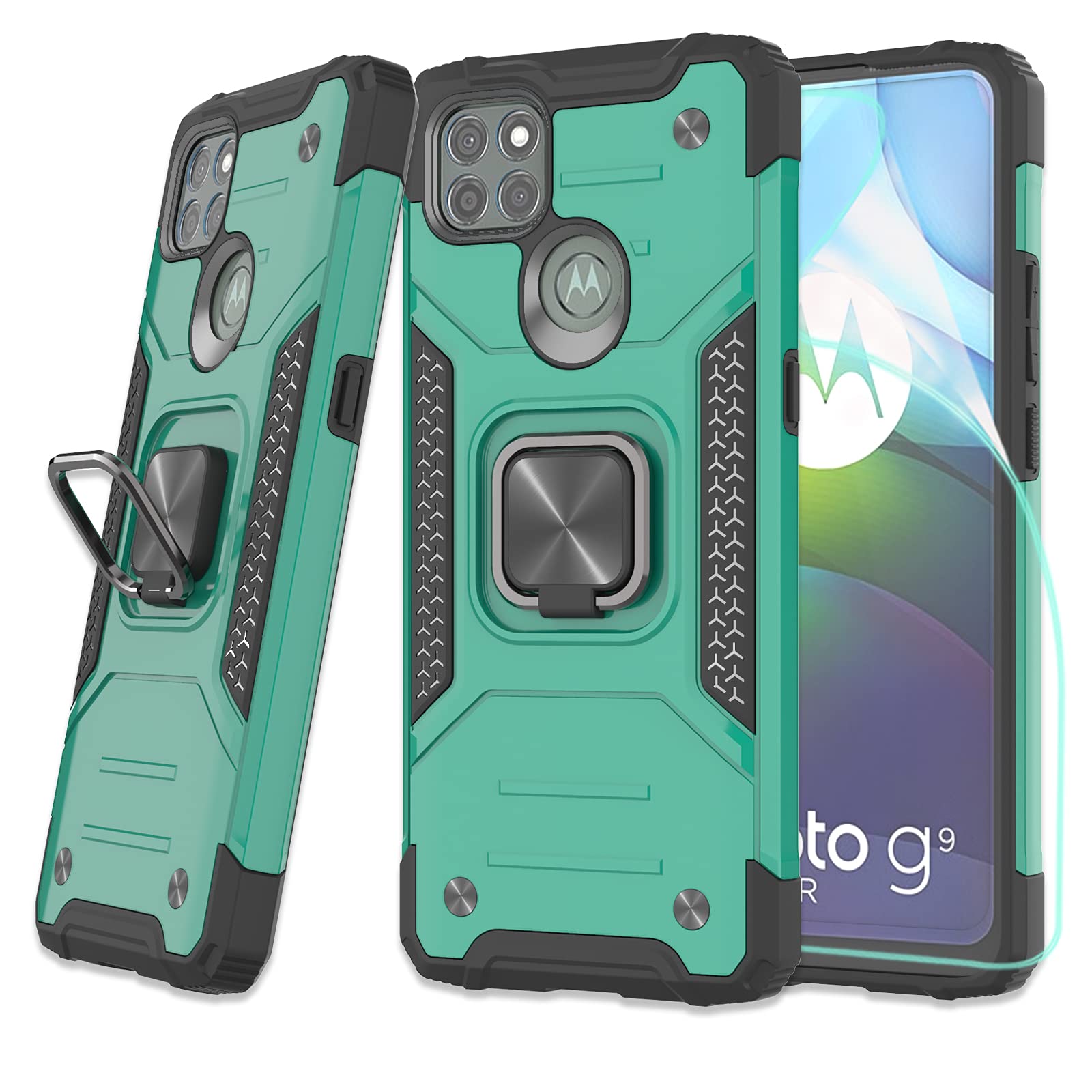 ZingCon Compatible for Motorola Moto G9 Power Case,[HD Screen Protector] Shockproof Protective Phone Cover with Rotating Ring Kickstand Fitting Magnetic Car Mount-Green