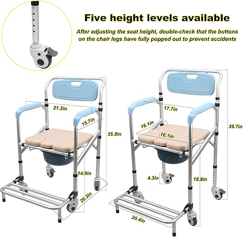 Miniatura 2 de Silla de ducha con ruedas y cómoda, silla de ducha plegable con 5 opciones de altura y reposapiés más ancho, 21.3 pulgadas de ancho para pasillos