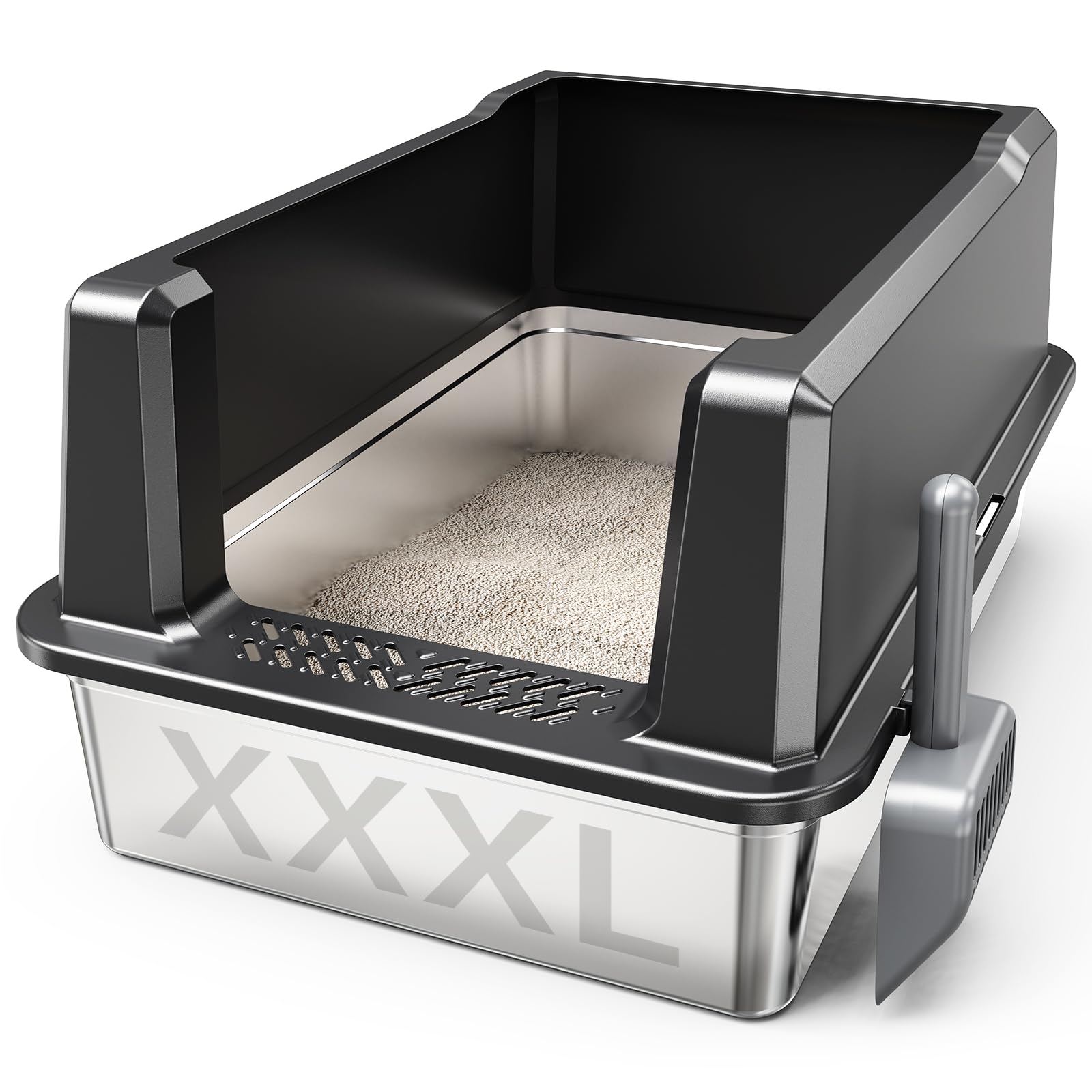 Tripamin XXL Stainless Steel Litter Box with High Sides 26"x18"x12" Extra Large Metal Litter Box for Big Cats & Multiple cat, Jumbo Top Entry Litter Pan with lid (Black, XX-Large)