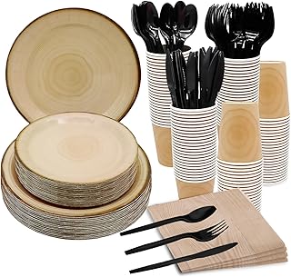 175Pcs Wood Grain Party Supplies Rustic Wood Slice Party Set 9"& 7"Wood Plates Napkins Cup Knives Forks Spoons for Camp Fire Camping Woodland Animal Lumberjack Baby Shower Birthday Party Decor Serve25
