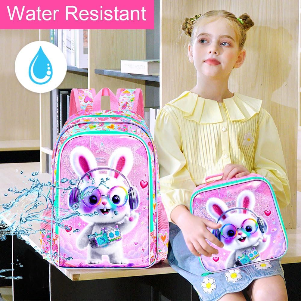 AGSDON 3PCS Backpack for Girls, 16" Little Kids Rabbit Preschool Bookbag, Elementary Backpacks and Lunch Box - Purple - Image 7