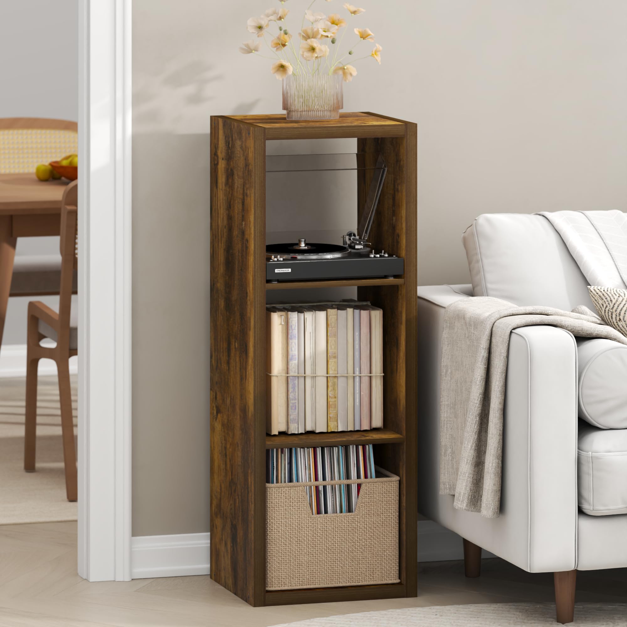 Furinno Cubicle Record Player Stand, 3-Cube Record Storage, Amber Pine