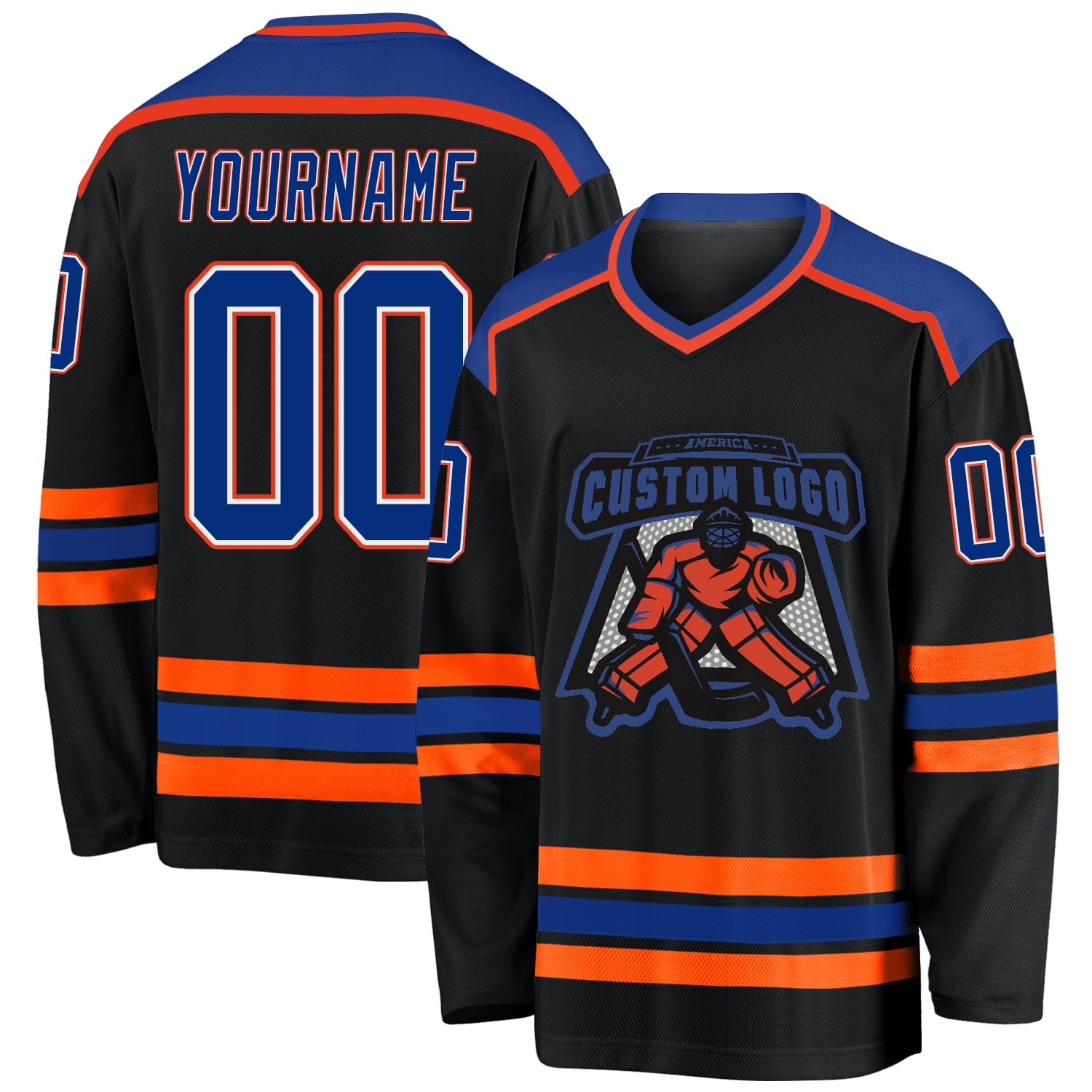 Custom Name Number White Black-Orange Hockey Jersey, Personalized Team V-Neck Sports Hockey Jersey for Men Women Youth