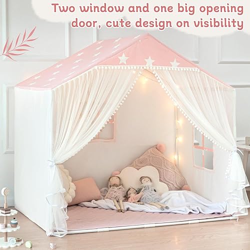 Miniatura 3 de Tienda de campaña para niños con alfombra, tienda de campaña grande con cortinas de puerta de pompones, casa de juegos para niños para niñas y