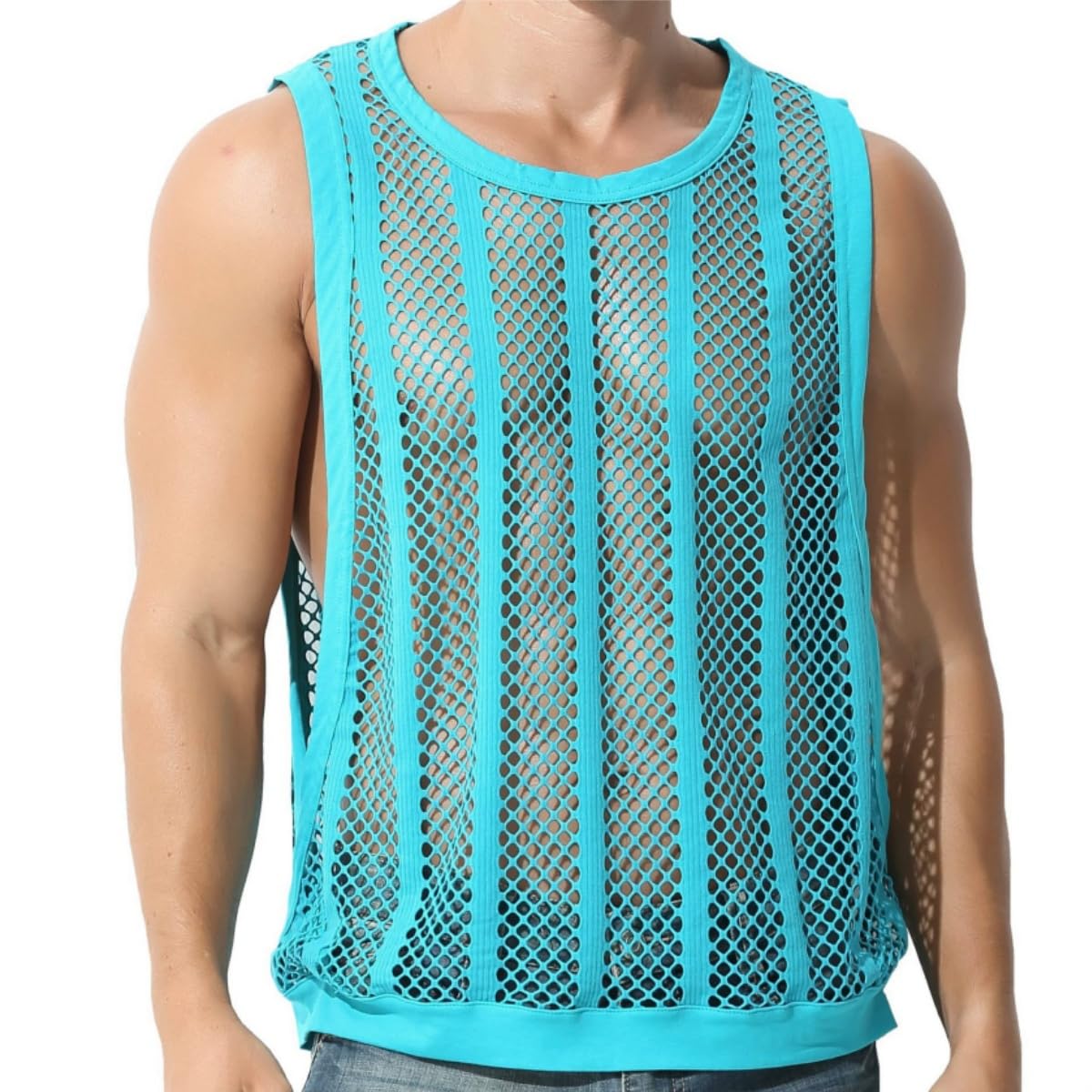 Hybursky Men's Blue Sleeveless Mesh Vest, See-Through Cut Off Fishnet Muscle Tee Shirt, Breathable Loose Fit Sheer Casual Undershirt, Fashion Hollow Out Tank Tops Activewear For Workout Gym Summer Clubwear