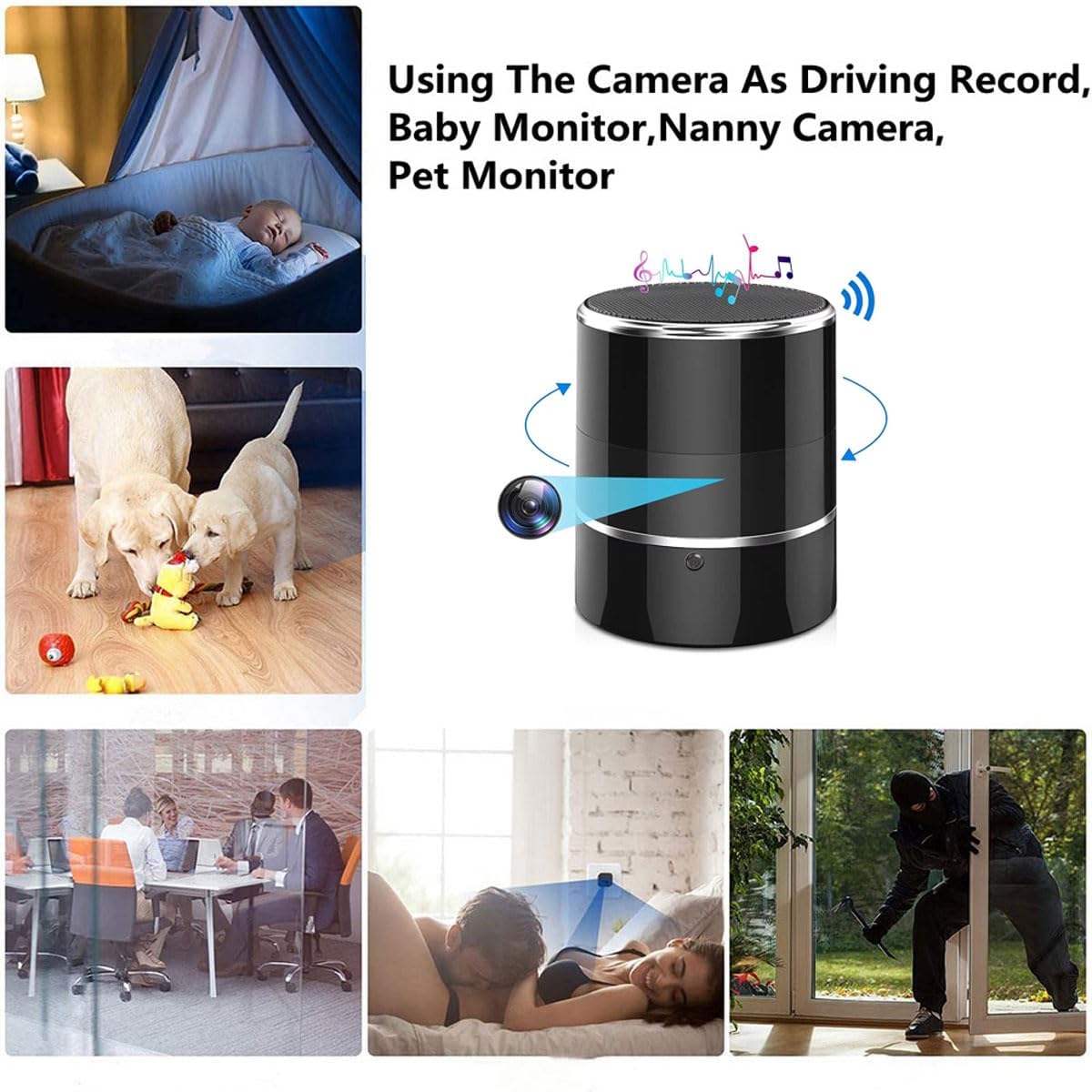Caméra espion cachée – Haut-parleur Bluetooth WiFi avec objectif rotatif à 180°, caméra de nounou sans fil HD 1080p, détection de mouvement, application de diffusion en direct pour la surveillance à