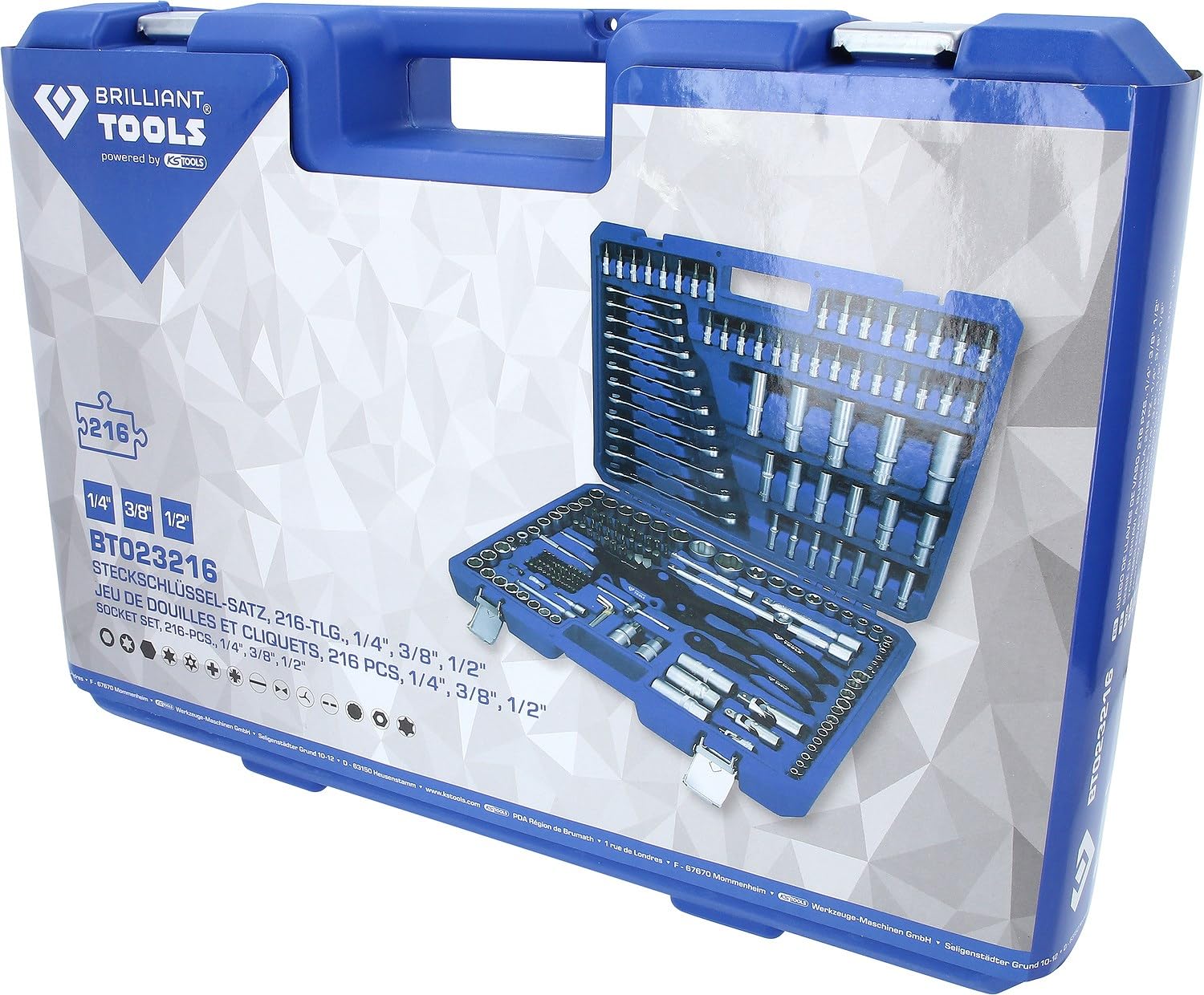 BRILLIANT TOOLS BT023216 Juego de llaves de vaso, 216 pzs, 1/4", 3/8", 1/2" [Powered by KS TOOLS]