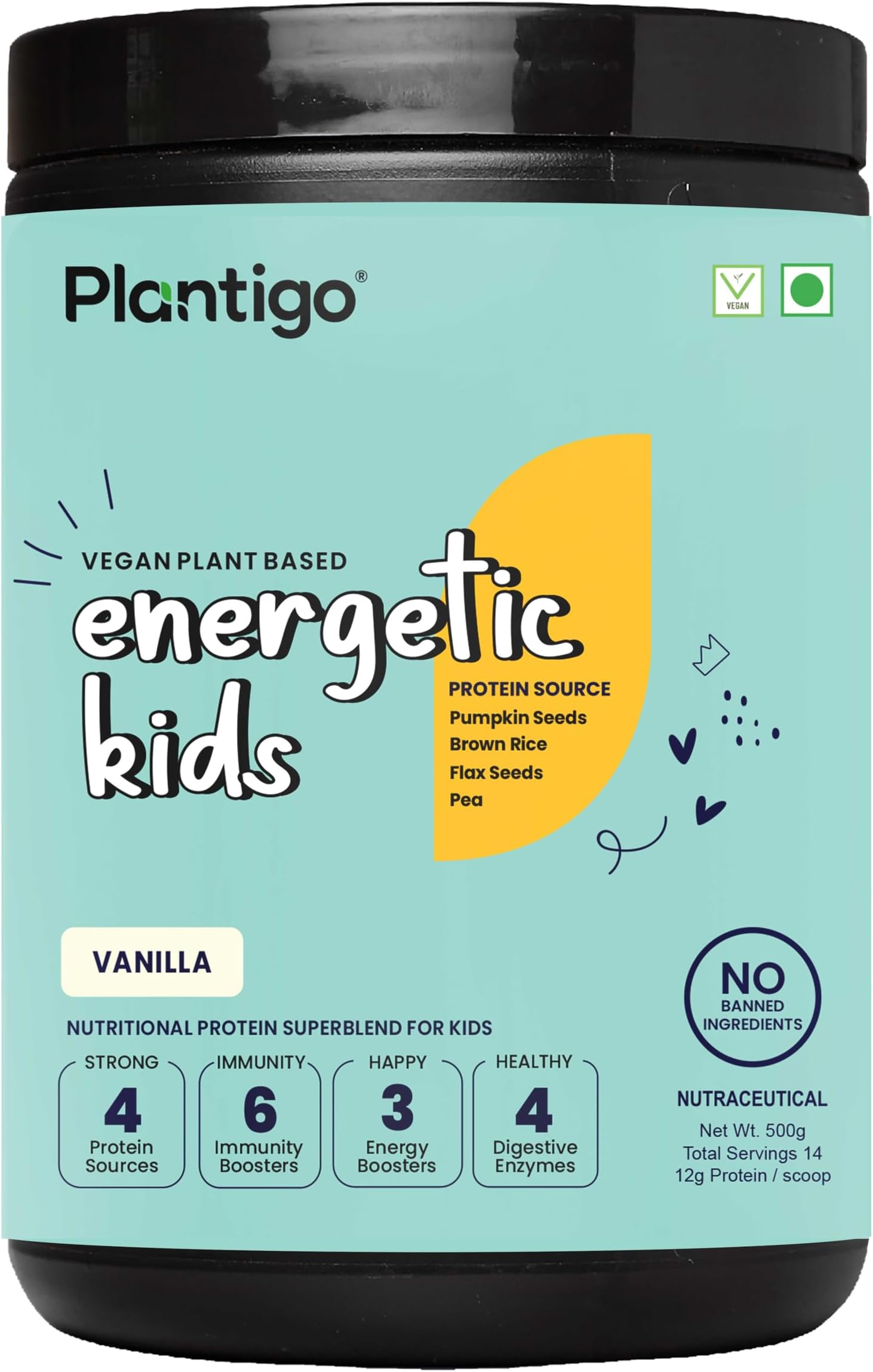 Vanilla Flavor Health Drink for Kids, 500 Gms | Kids Protein, Growth & Brain Health Supplement | Vegan Plant Based Kids Health Drink | Protein Powder For Kids