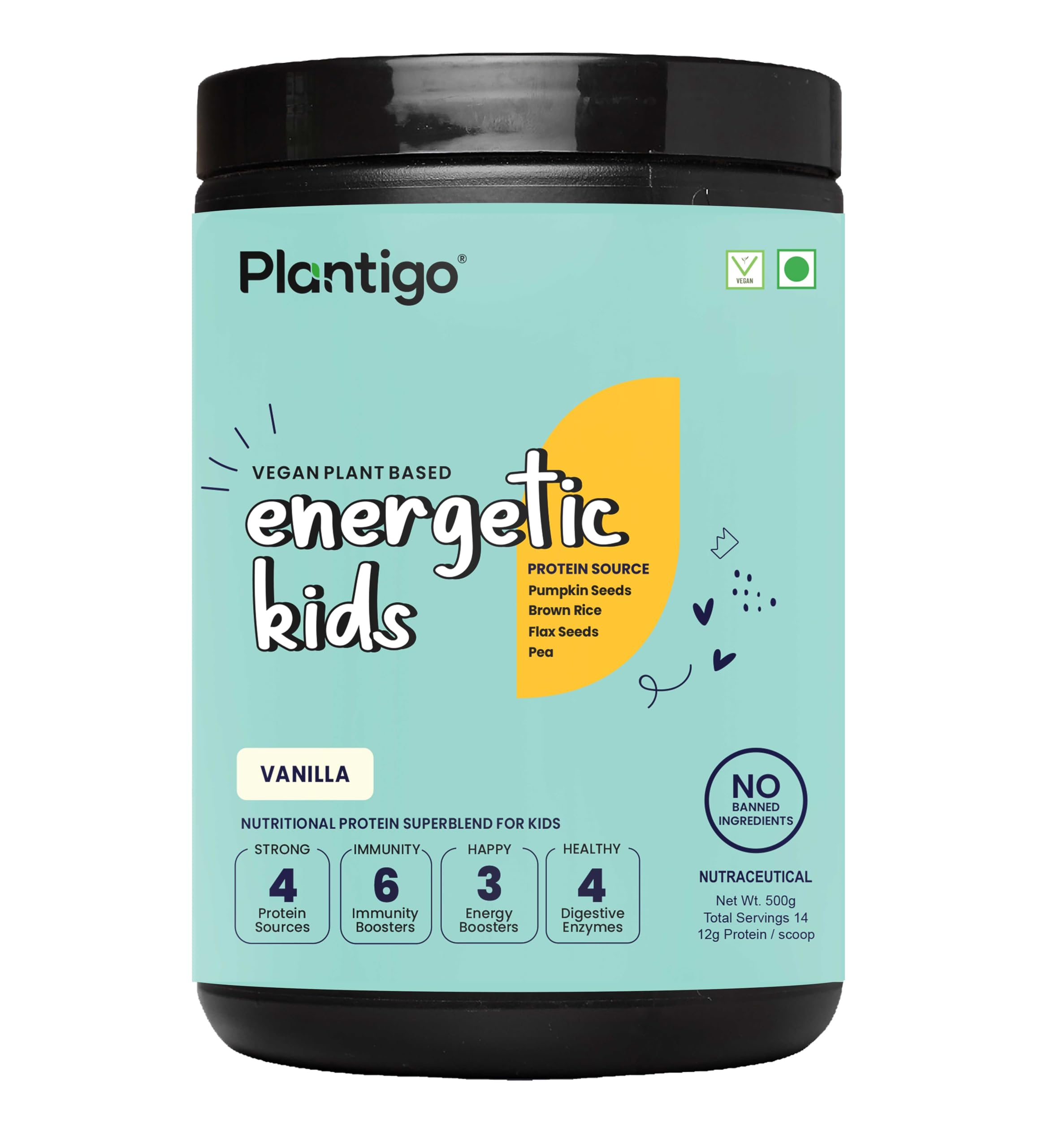 Plantigo Vanilla Flavor Health Drink for Kids, 500 Gms | Kids Protein, Growth & Brain Health Supplement | Vegan Plant Based Kids Health Drink | Protein Powder For Kids