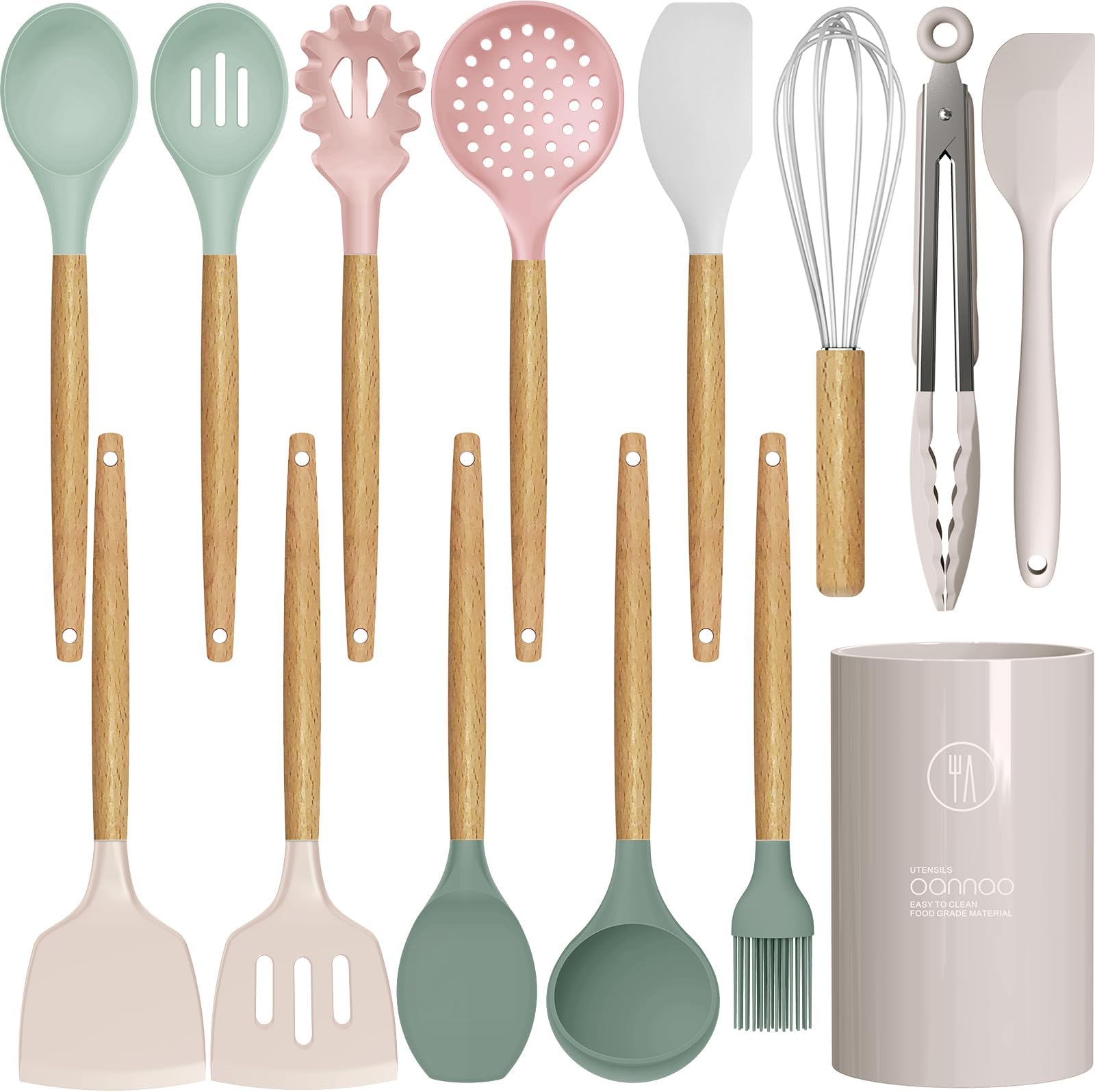 Silicone Cooking Utensils Set - 446°F Heat Resistant Silicone Kitchen Utensils for Cooking,Kitchen Utensil Spatula Set w Wooden Handles and Holder, BPA FREE Gadgets for Non-Stick Cookware (Colorful)