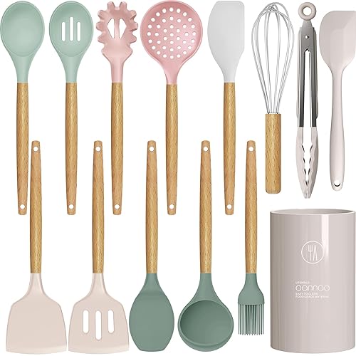 Silicone Cooking Utensils Set - 446°F Heat Resistant Silicone Kitchen Utensils for Cooking,Kitchen Utensil Spatula Set w Wooden Handles and Holder, BPA FREE Gadgets for Non-Stick Cookware (Colorful) - Colorful