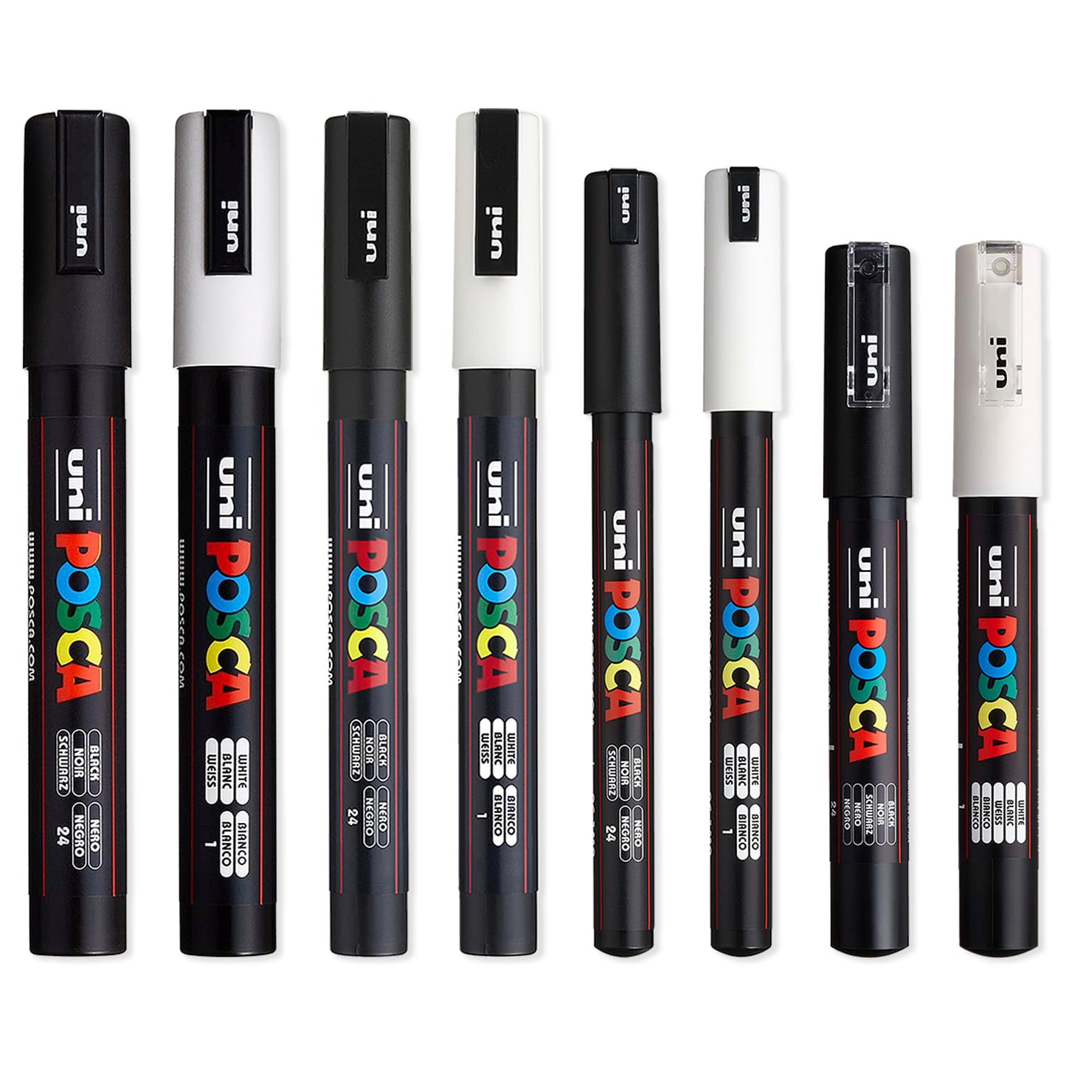 Posca Negro Blanco - Fino a Medio Conjunto de 8 Bolígrafos (PC-5M, PC-3M, PC-1M, PC-1MR)