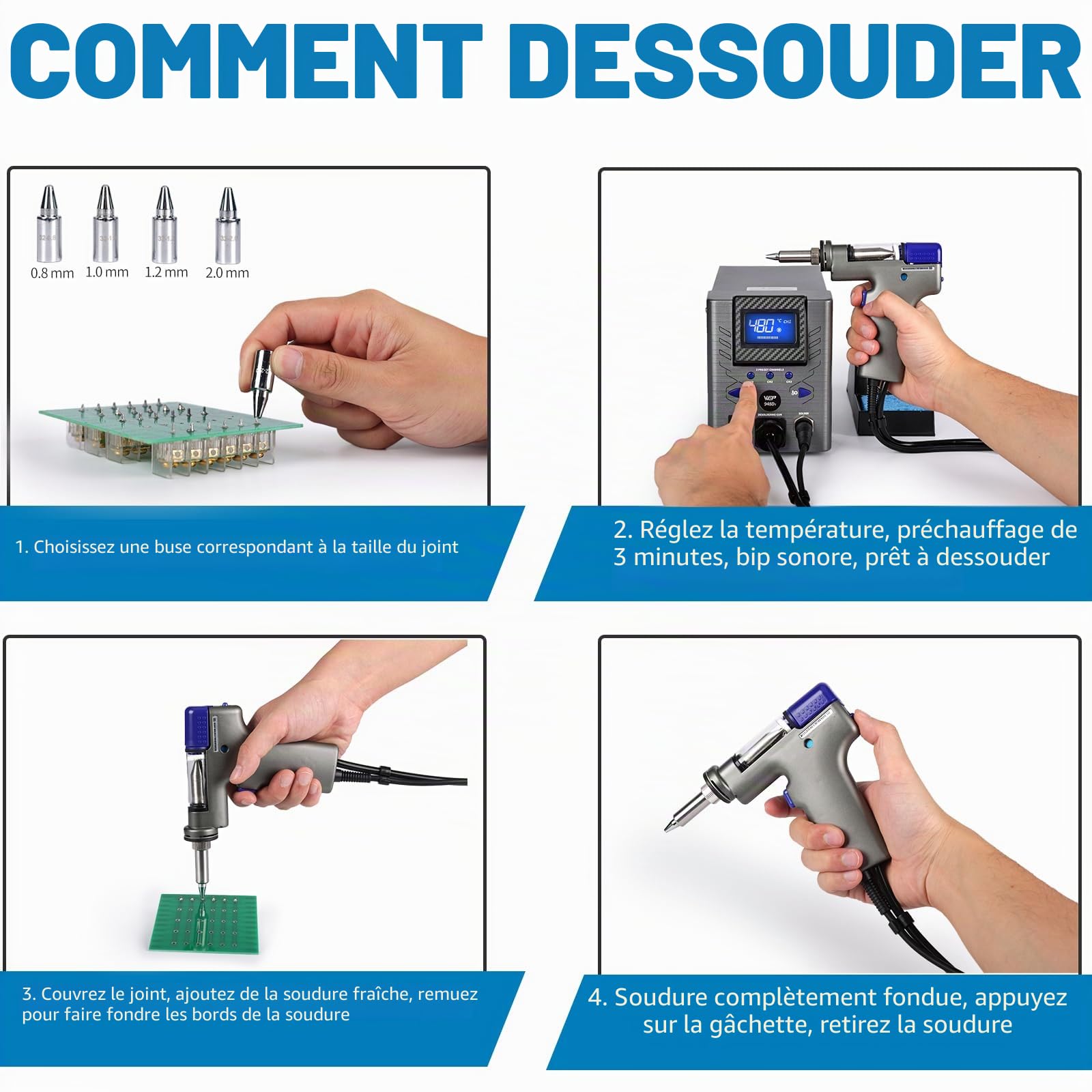 WEP 948D-I Station de dessoudage haute puissance 110W avec 4 buses de dessoudage, régulation de température avec 3 canaux préréglés, écran inclinable, sécurisé ESD(EU)