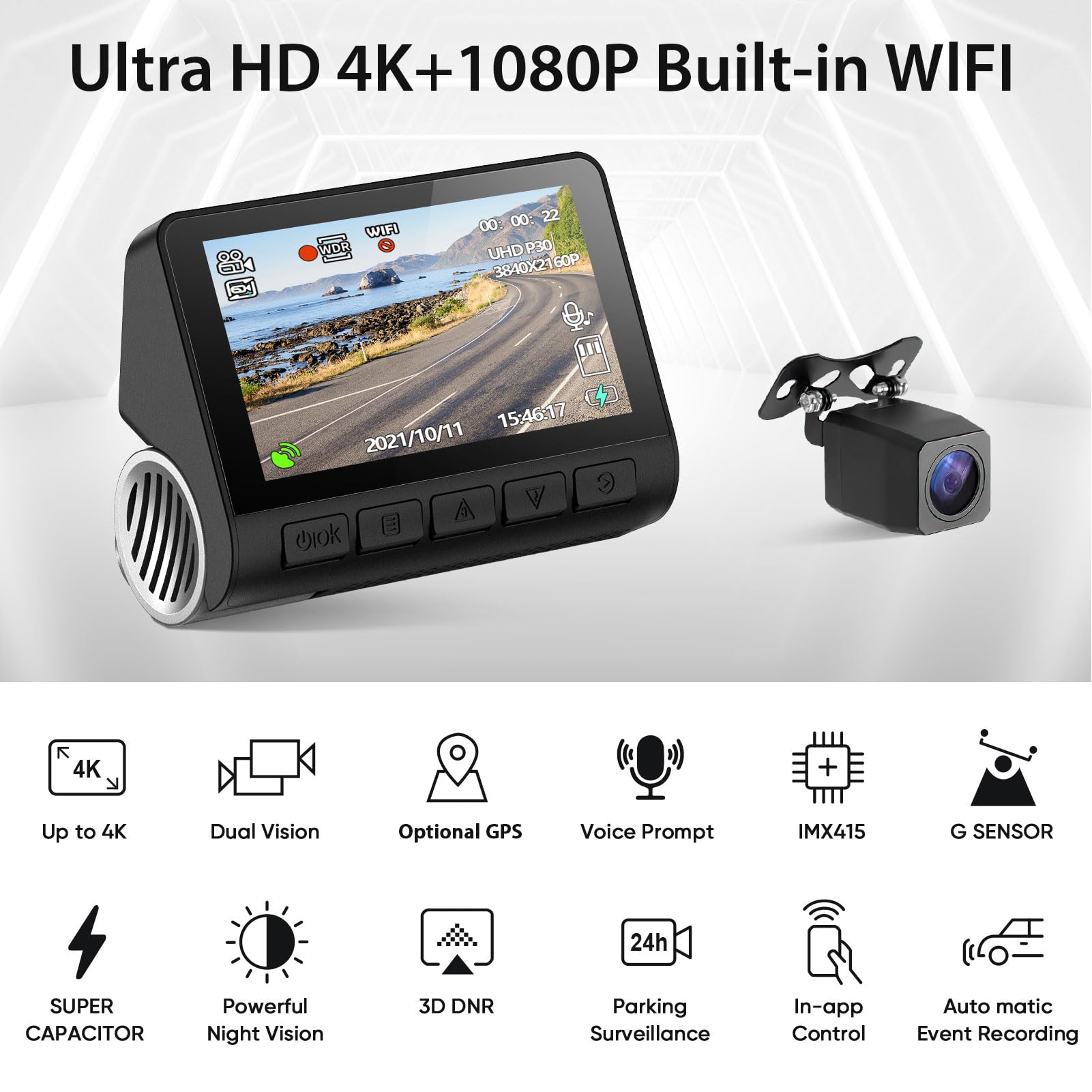 Dash Cam, Telecamera per Auto Anteriore e Posteriore 4K con Fotocamera Posteriore Ribaltabile 1080P, WiFi 5GHz Integrato, Schermo da 2,0 Pollici, Registrazione in Loop,